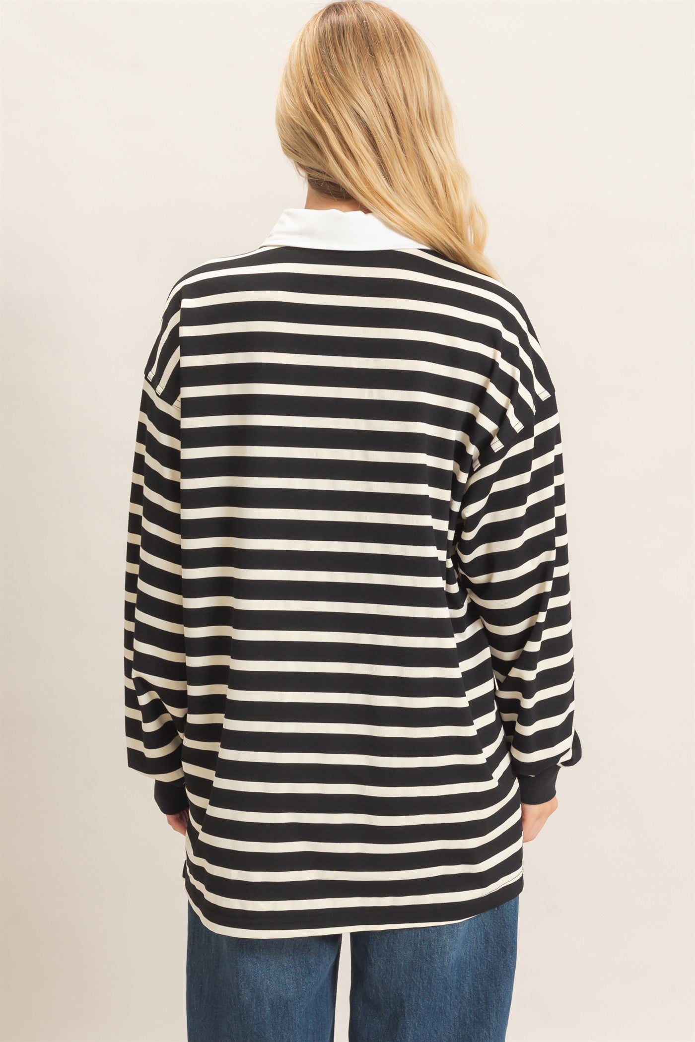Wholesale Striped Polo Long Sleeve Top Clothing Tops HF26F078 BLACK/CREAM HYFVE