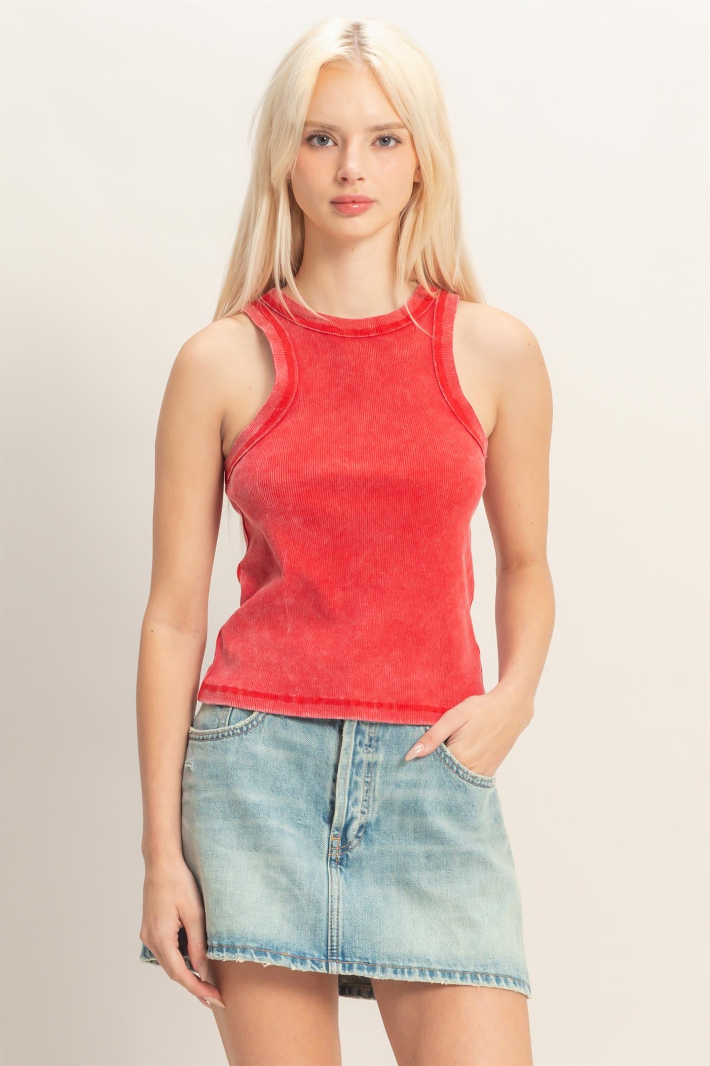 Wholesale Acid Washed Ribbed Tank Top Tank Tops DZ26A336 RED DOUBLE ZERO