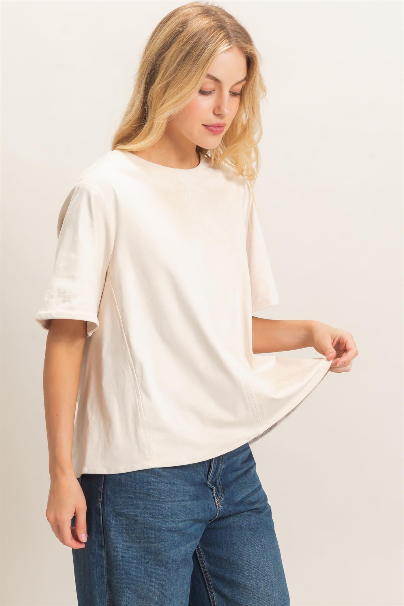 Wholesale Suede Boat Neck Top Clothing Tops HF26E351 CREAM HYFVE