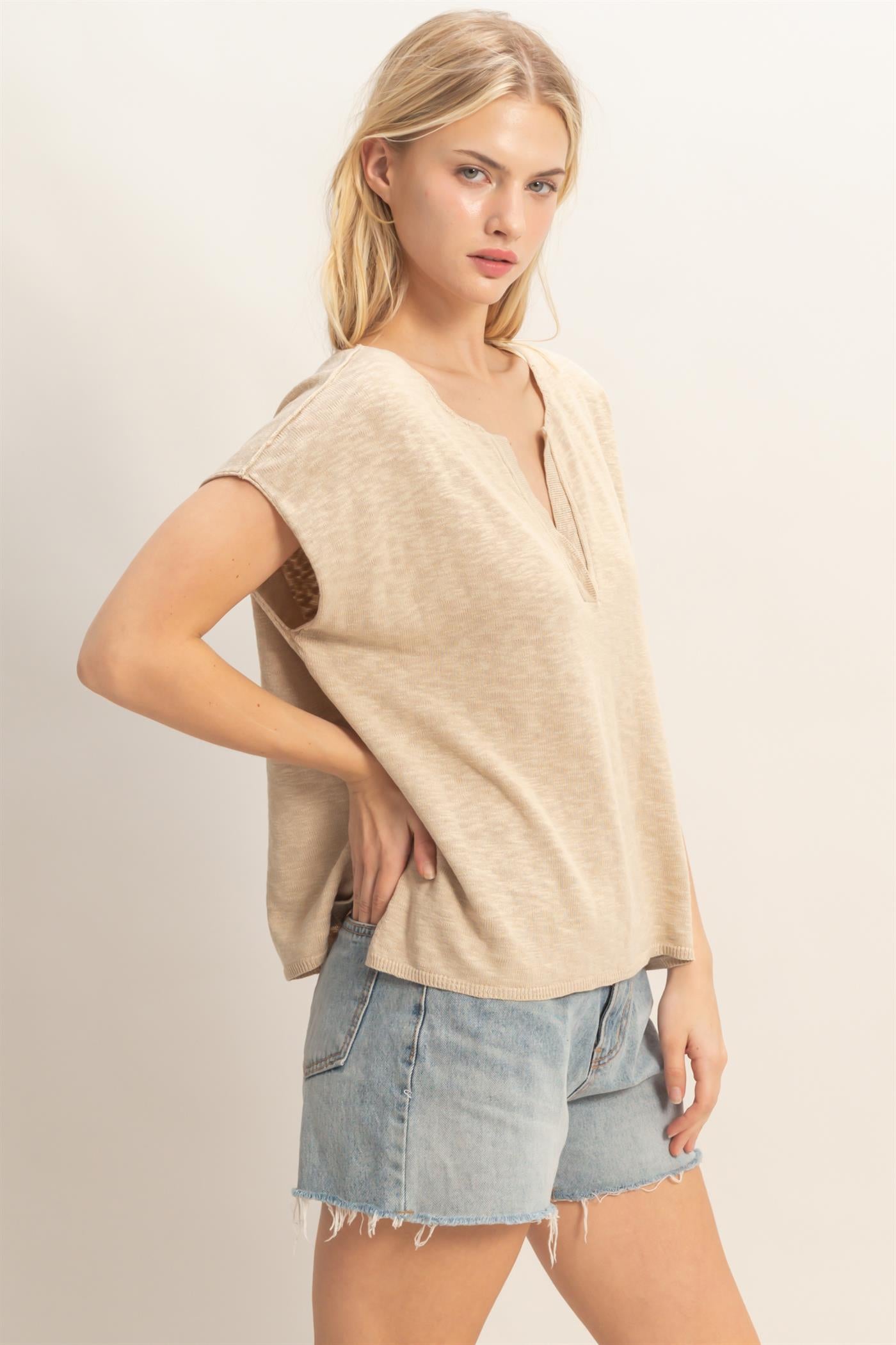 Wholesale Notched V-Neck Oversized Top Sweaters HF26A235 BEIGE HYFVE