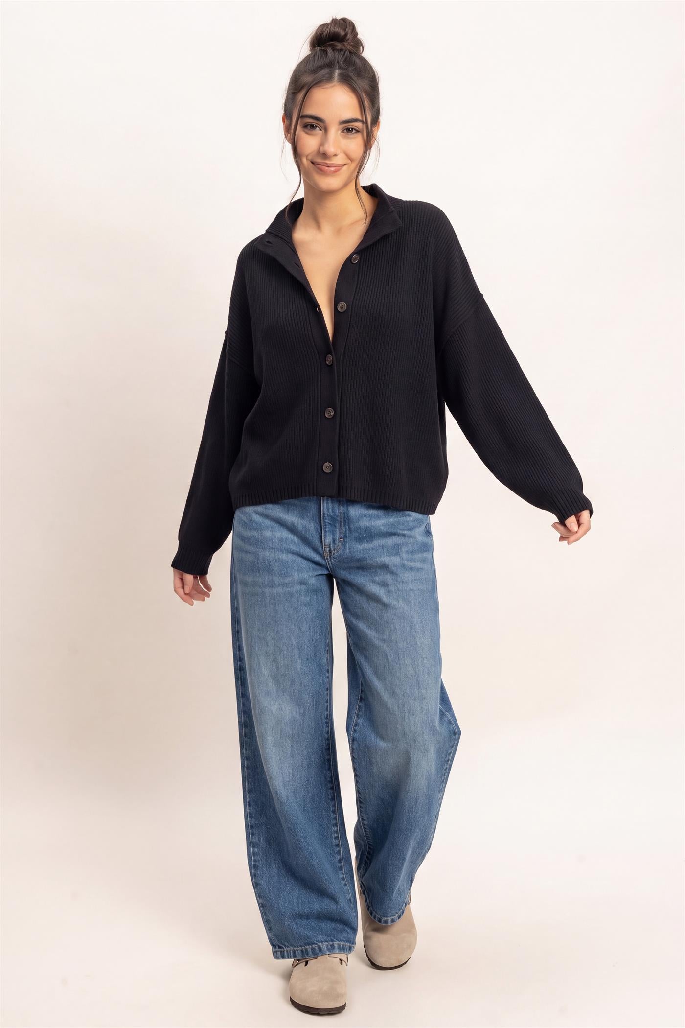 Wholesale High Neck Oversized Cardigan Cardigans DZ26E280 BLACK DOUBLE ZERO