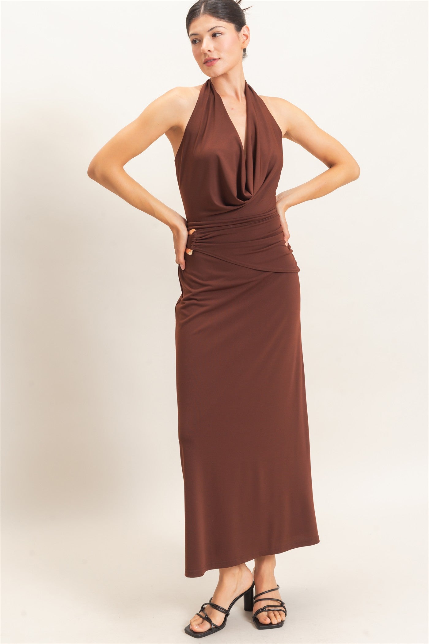 Wholesale Draped Halter Neck Dress Dresses HF26C663 CHOCOLATE HYFVE