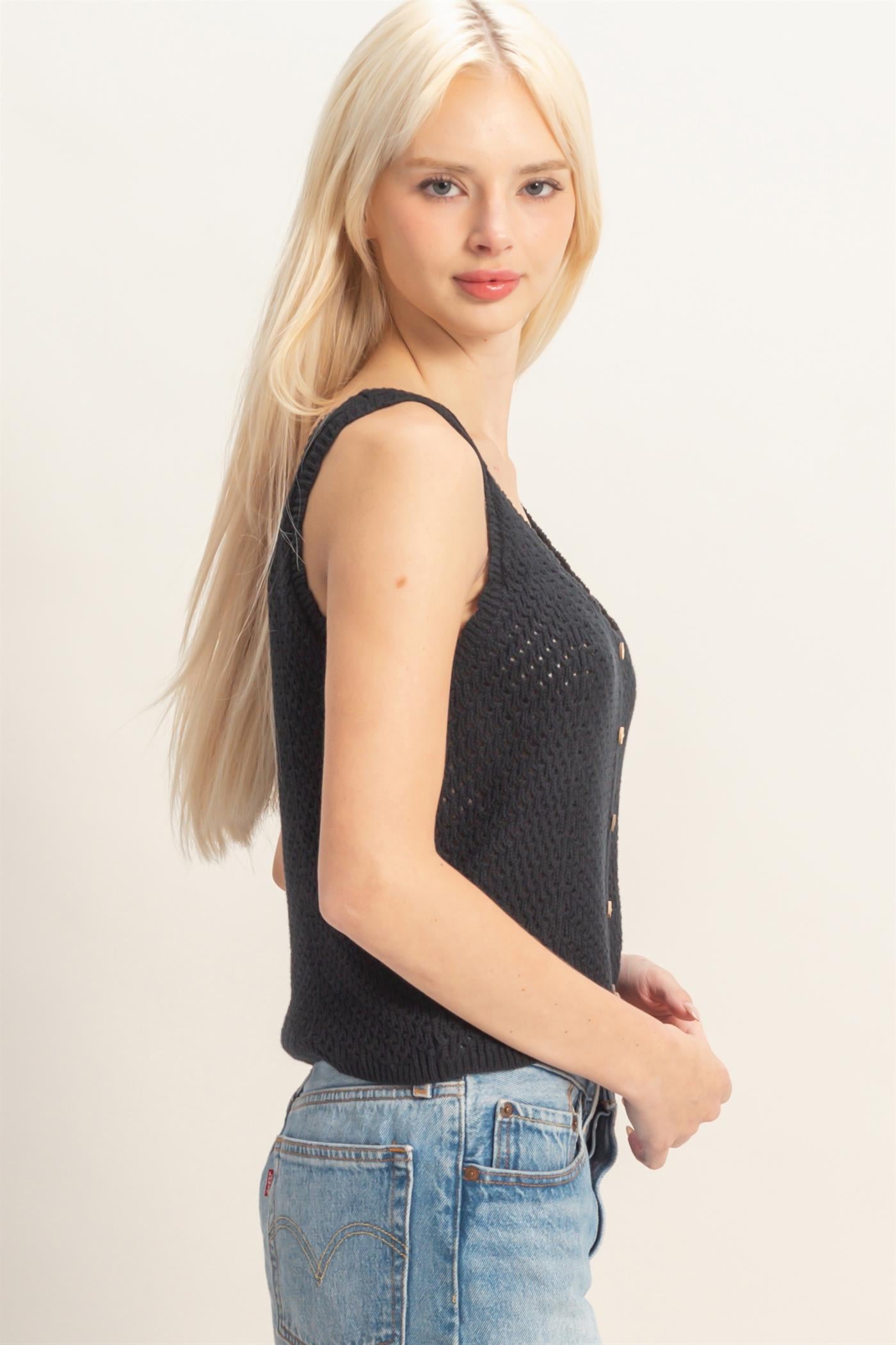 Wholesale Open Knit Scallop Edge Button Front Tank Top Tank Tops DZ26A221 BLACK DOUBLE ZERO