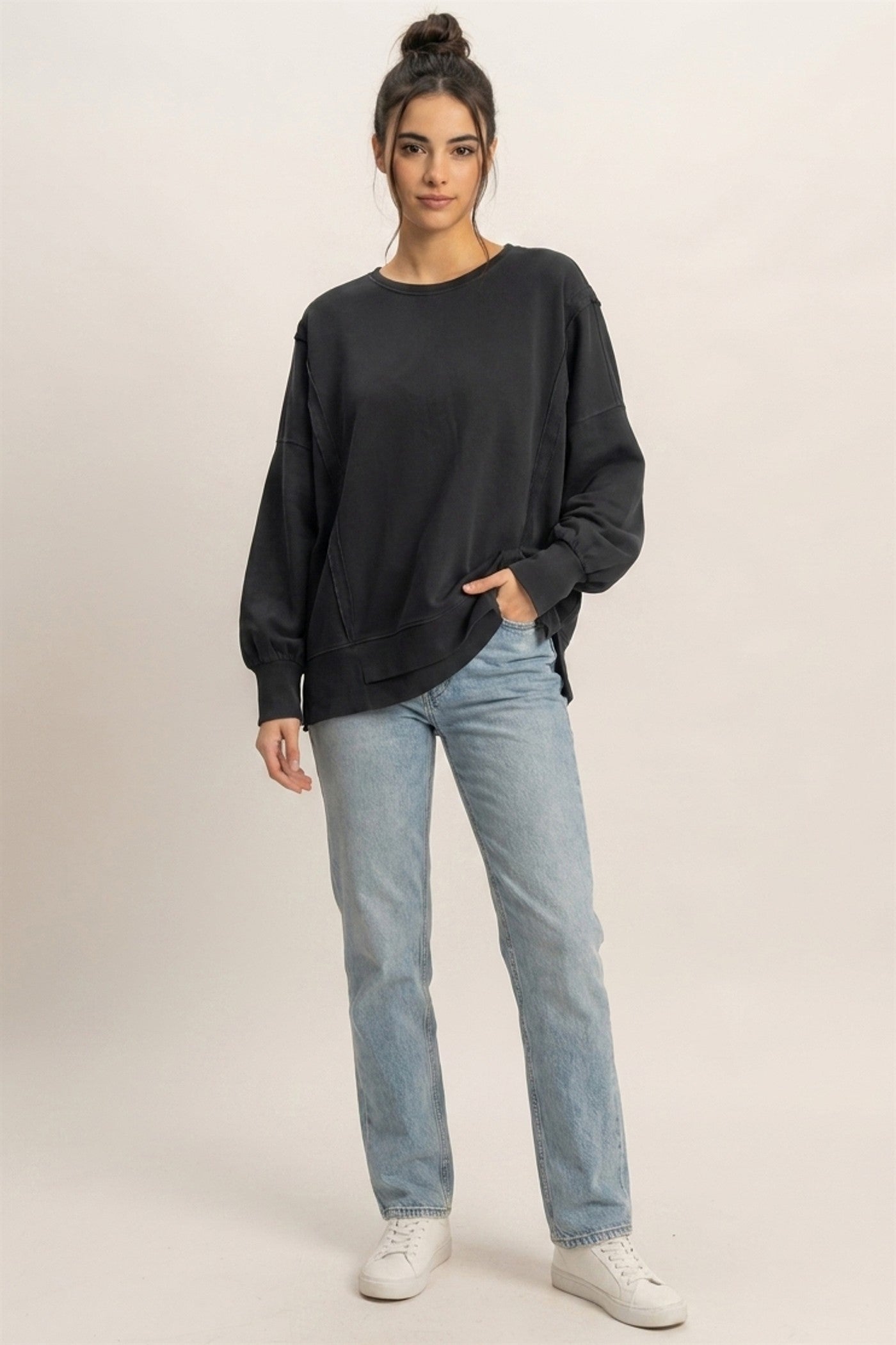 Wholesale Pigment  Dye Oversized Raw Edge Sweatshirt Sweatshirts DZ26C737 BLACK DOUBLE ZERO