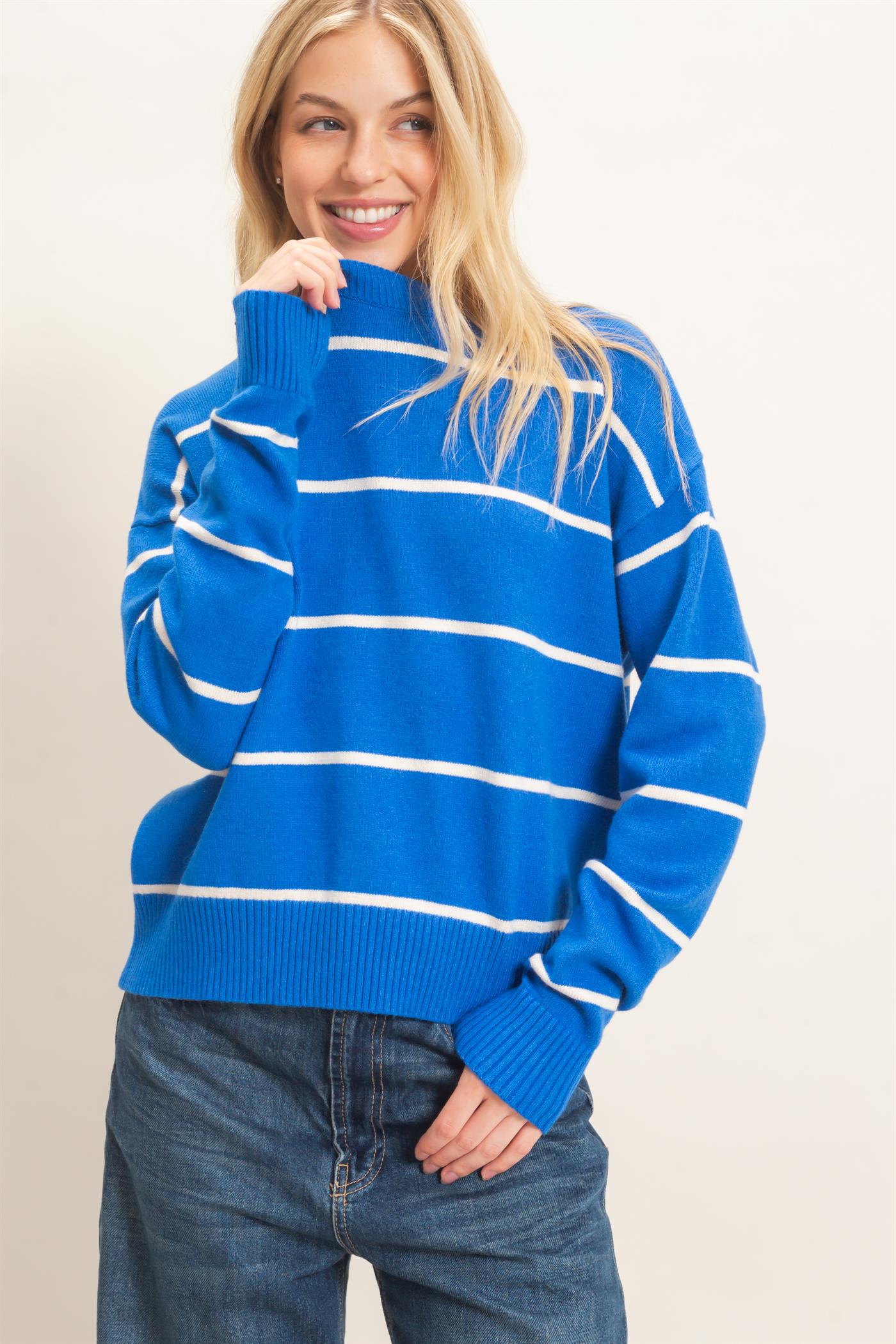 Wholesale Striped Ribbed Crew Neck Sweater Sweaters HF26F169 BLUE HYFVE