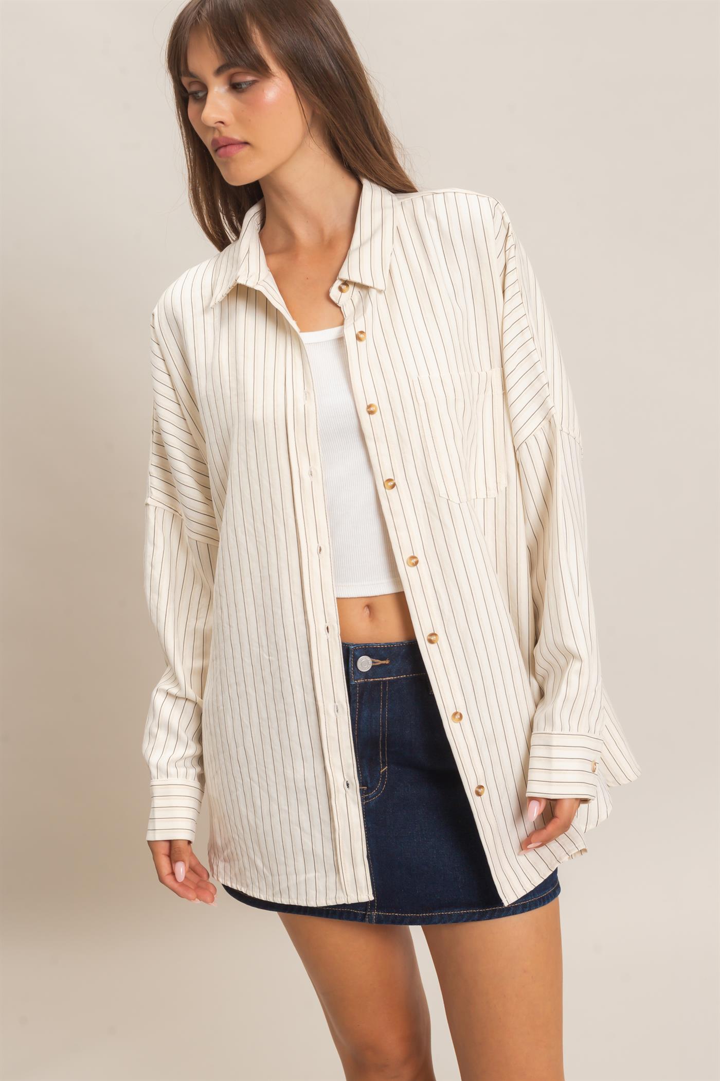 Wholesale Striped Button-Up Shirt Shirts HF26F134 CREAM HYFVE