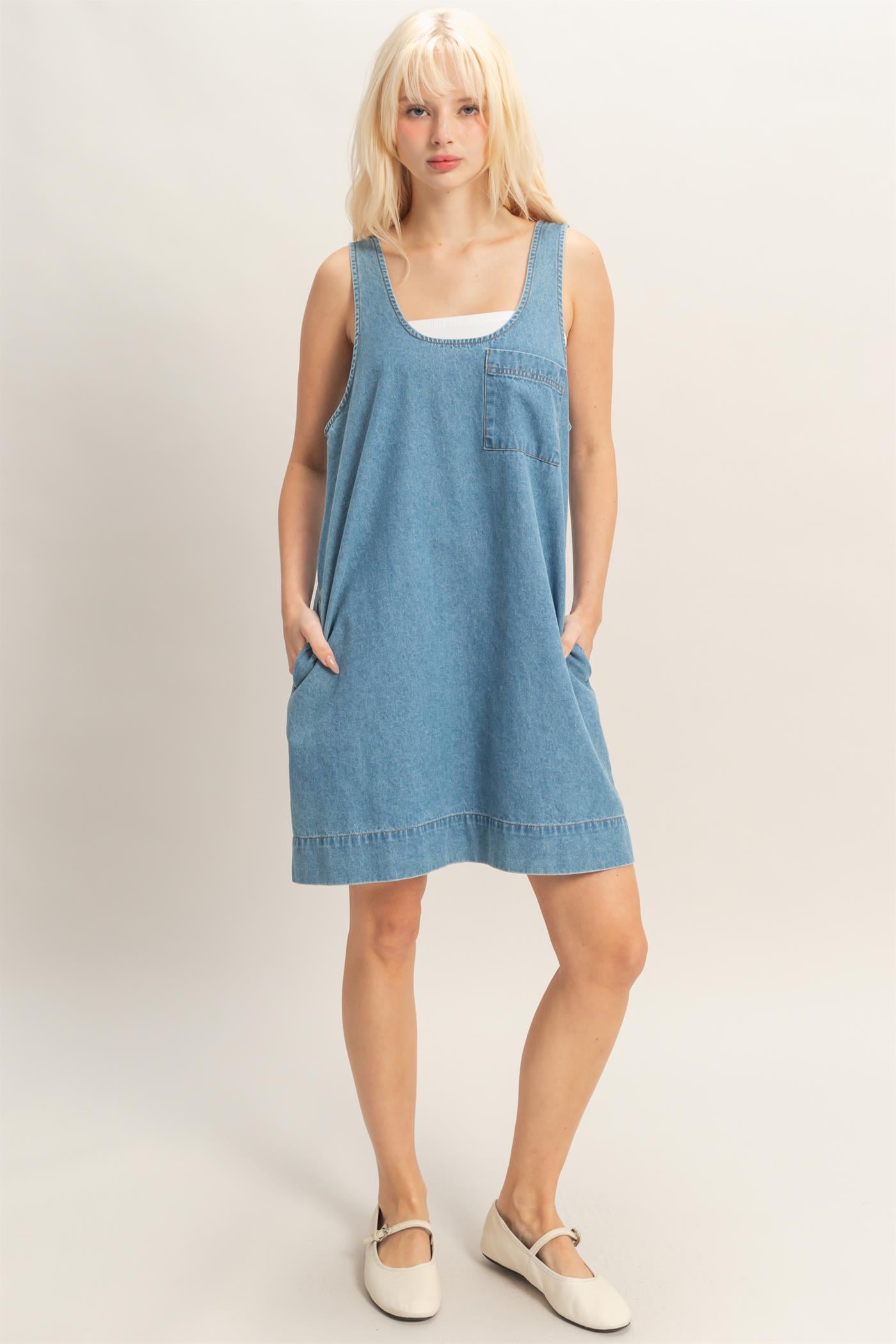 Wholesale Sleeveless Denim Shift Dress Dresses DZ26C204 MEDIUM BLUE DOUBLE ZERO