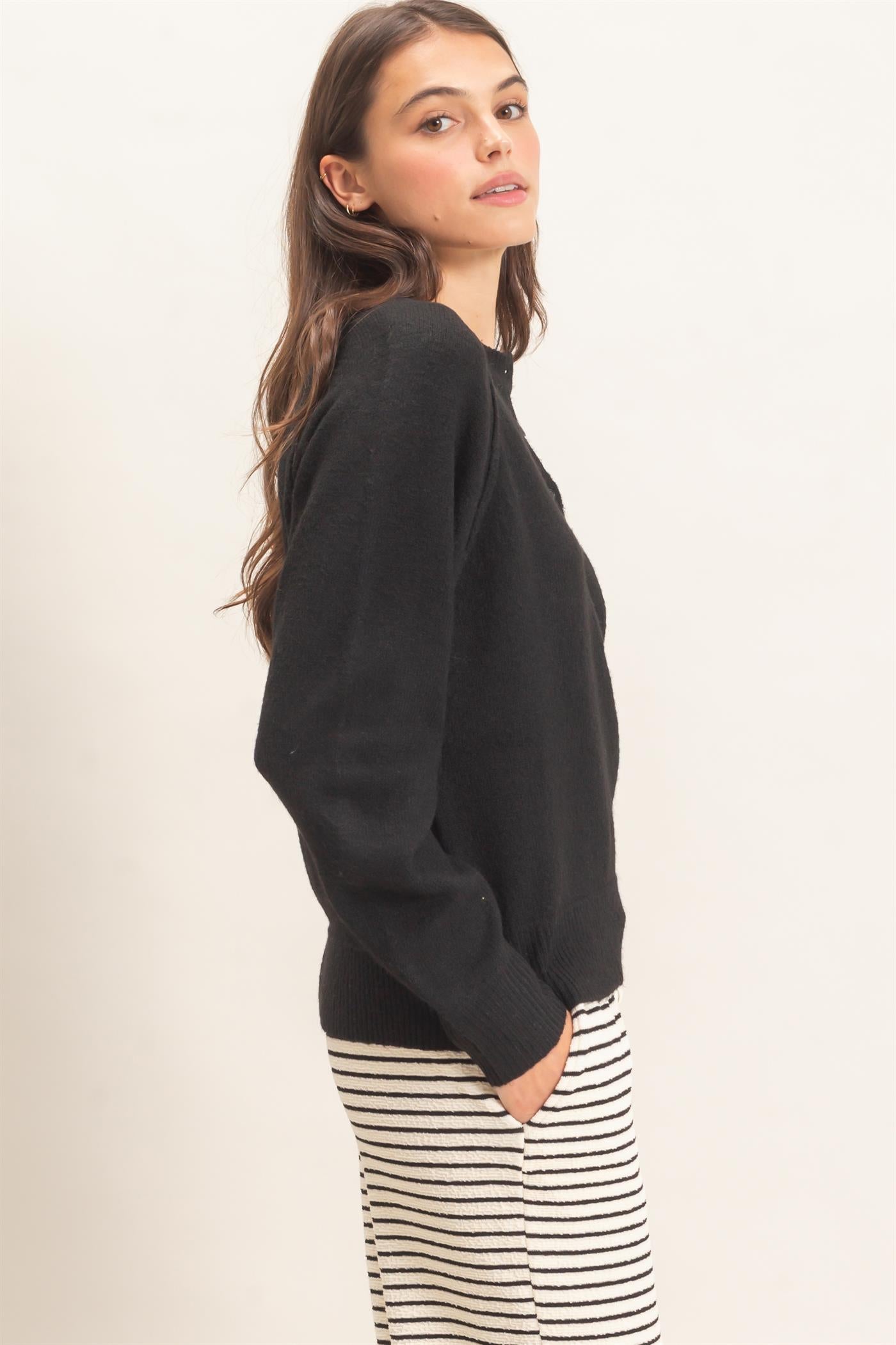 Wholesale Button Front Raglan Sweater Sweaters HF26E152 BLACK HYFVE