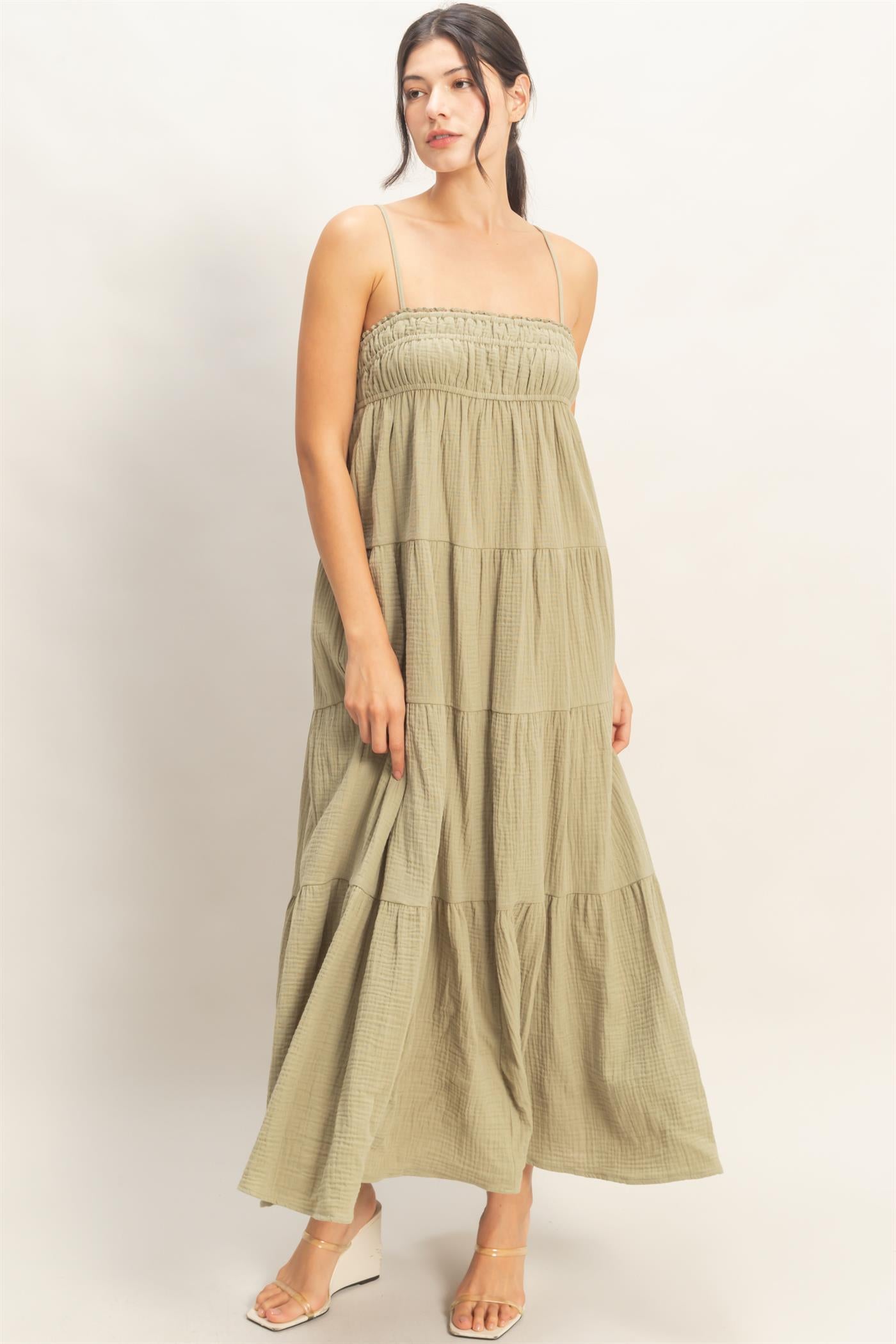 Wholesale Smocked Tiered Maxi Dress Dresses HF26C303 LIGHT OLIVE HYFVE
