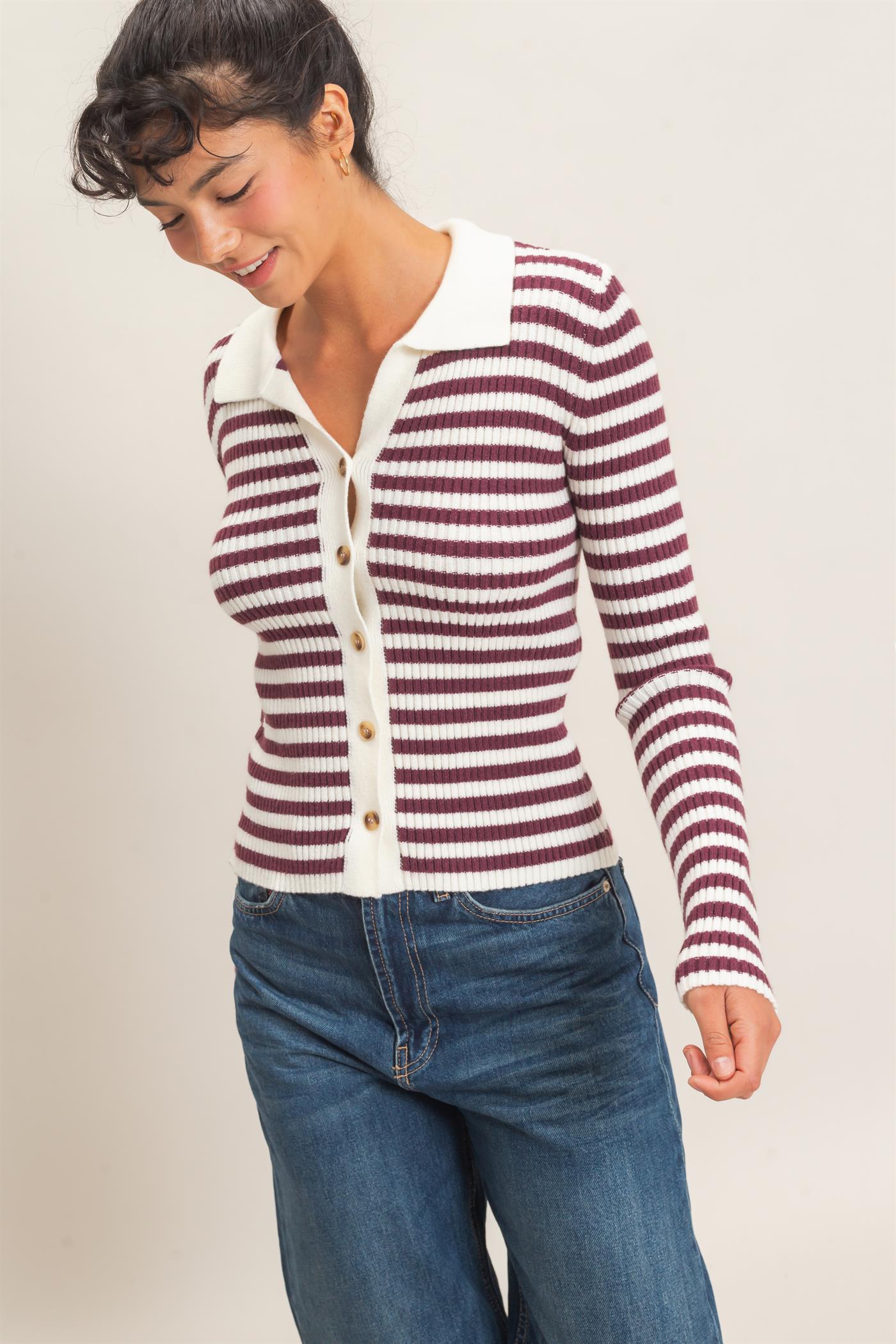 Wholesale Ribbed Striped Polo Knit Top Clothing Tops DZ26E099 DARK CHERRY DOUBLE ZERO