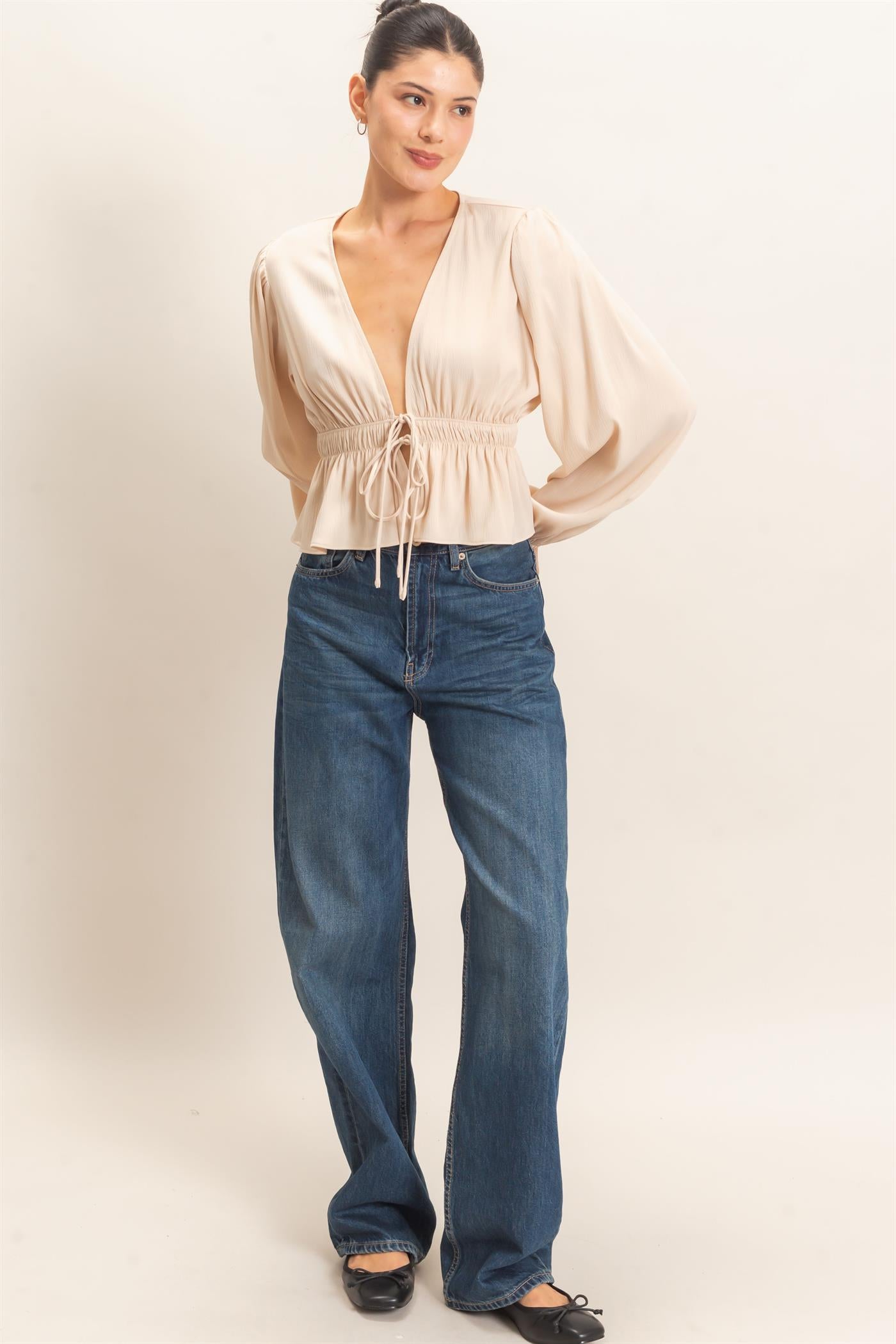Wholesale Plunging Tie-Front Blouse Blouses HF26F082 CHAMPAGNE HYFVE