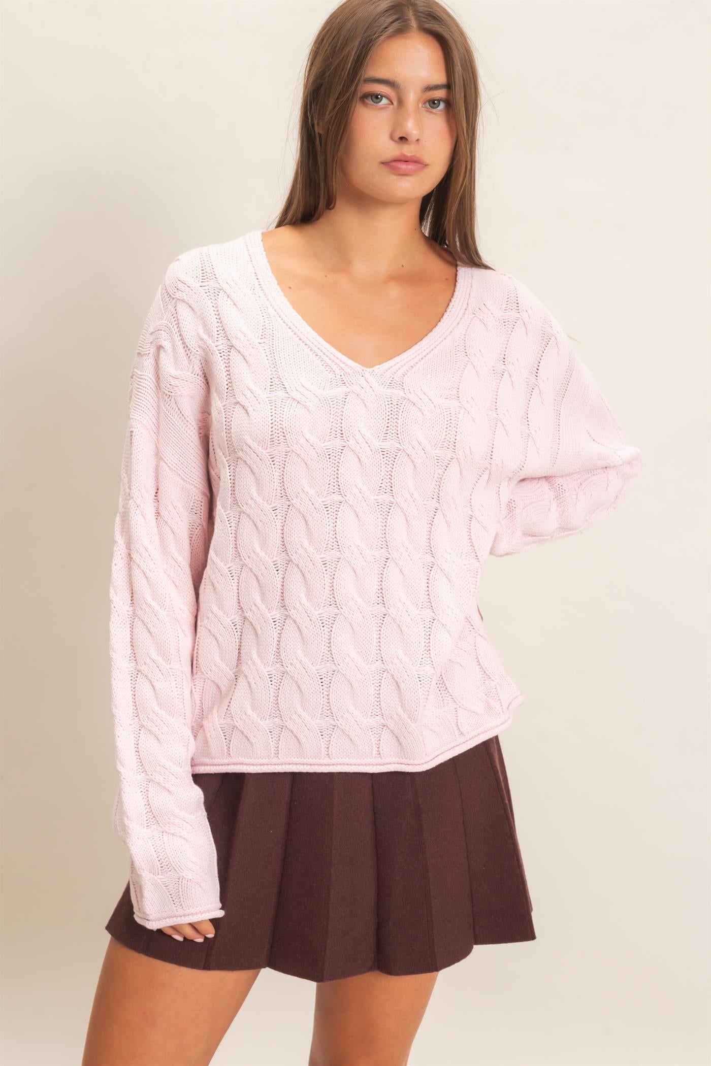 Wholesale Cable Knit V-Neck Sweater Sweaters DZ26E087 LIGHT PINK DOUBLE ZERO