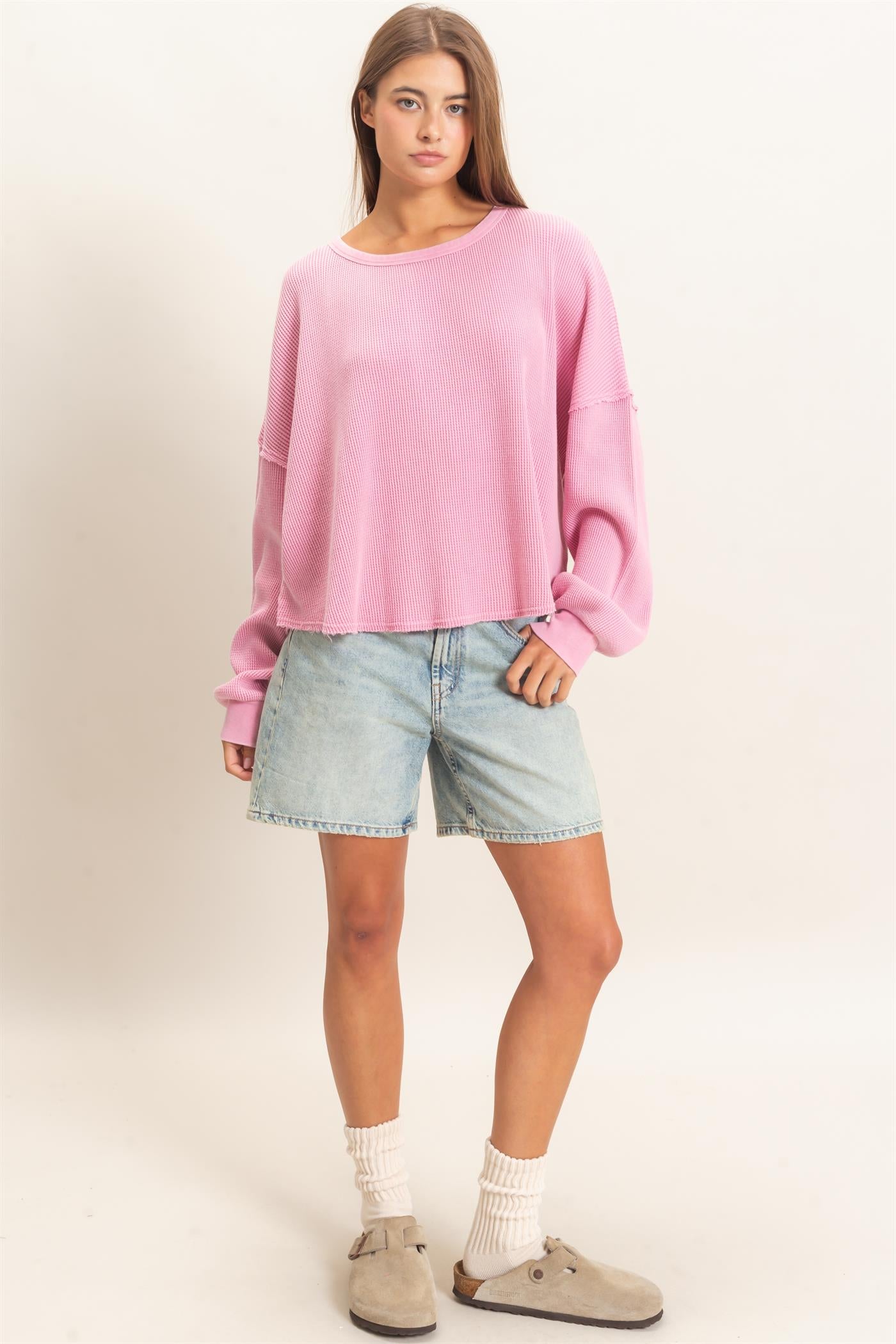 Wholesale Mineral Wash Waffle Oversized Top Clothing Tops DZ26E248 PINK DOUBLE ZERO