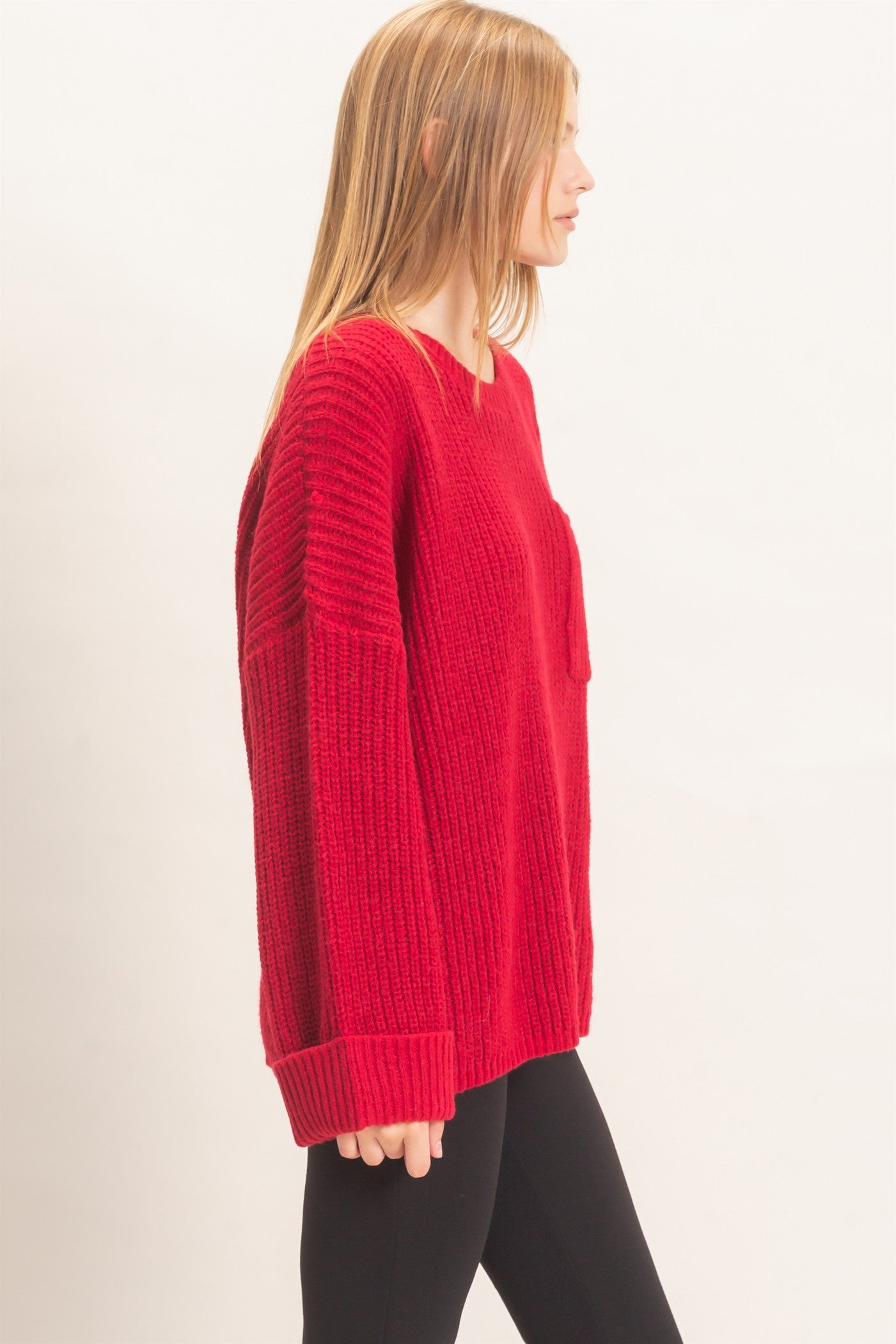 Wholesale Ribbed Knit Patch Pocket Sweater Sweaters HF26F177 BURGUNDY HYFVE