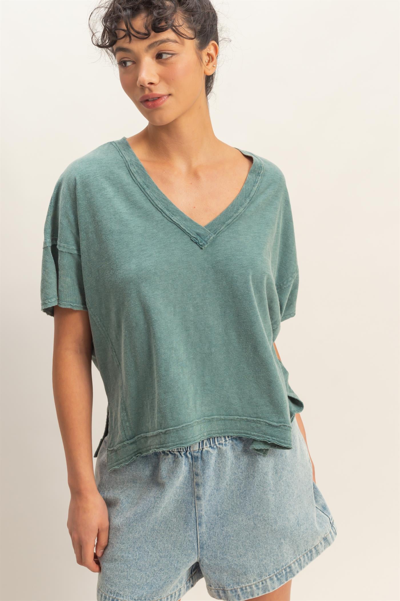 Wholesale Oversized V-Neck Short Sleeve Top Clothing Tops DZ26A032 DARK TEAL DOUBLE ZERO