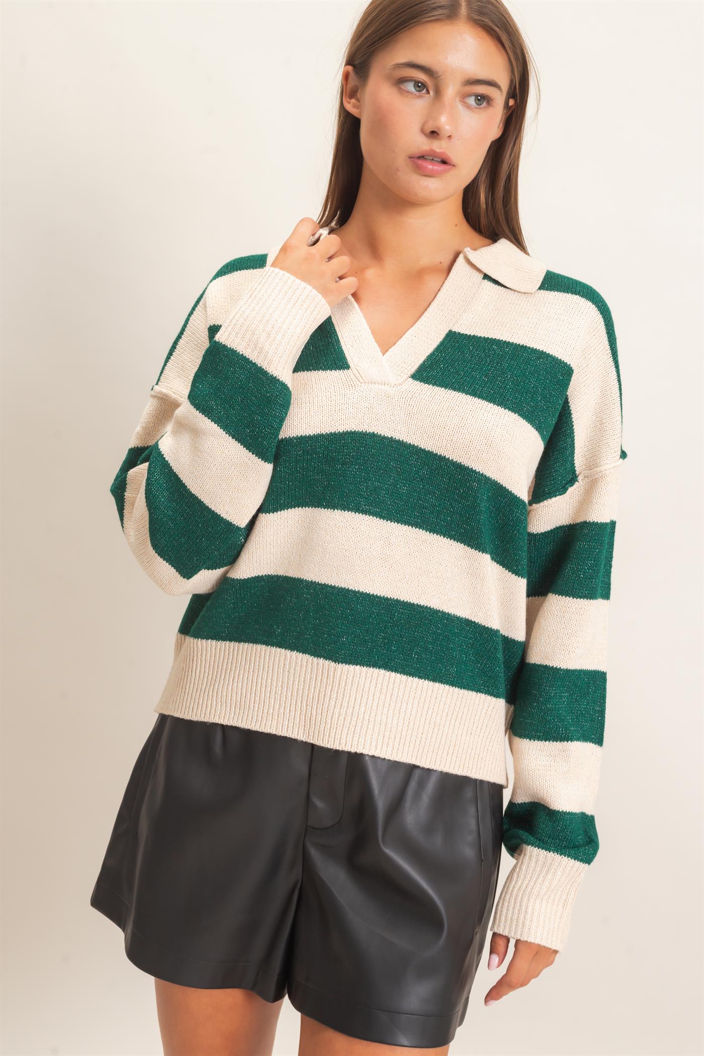 Wholesale Rugby Stripe Polo Sweater Sweaters DZ26E297 DARK GREEN DOUBLE ZERO