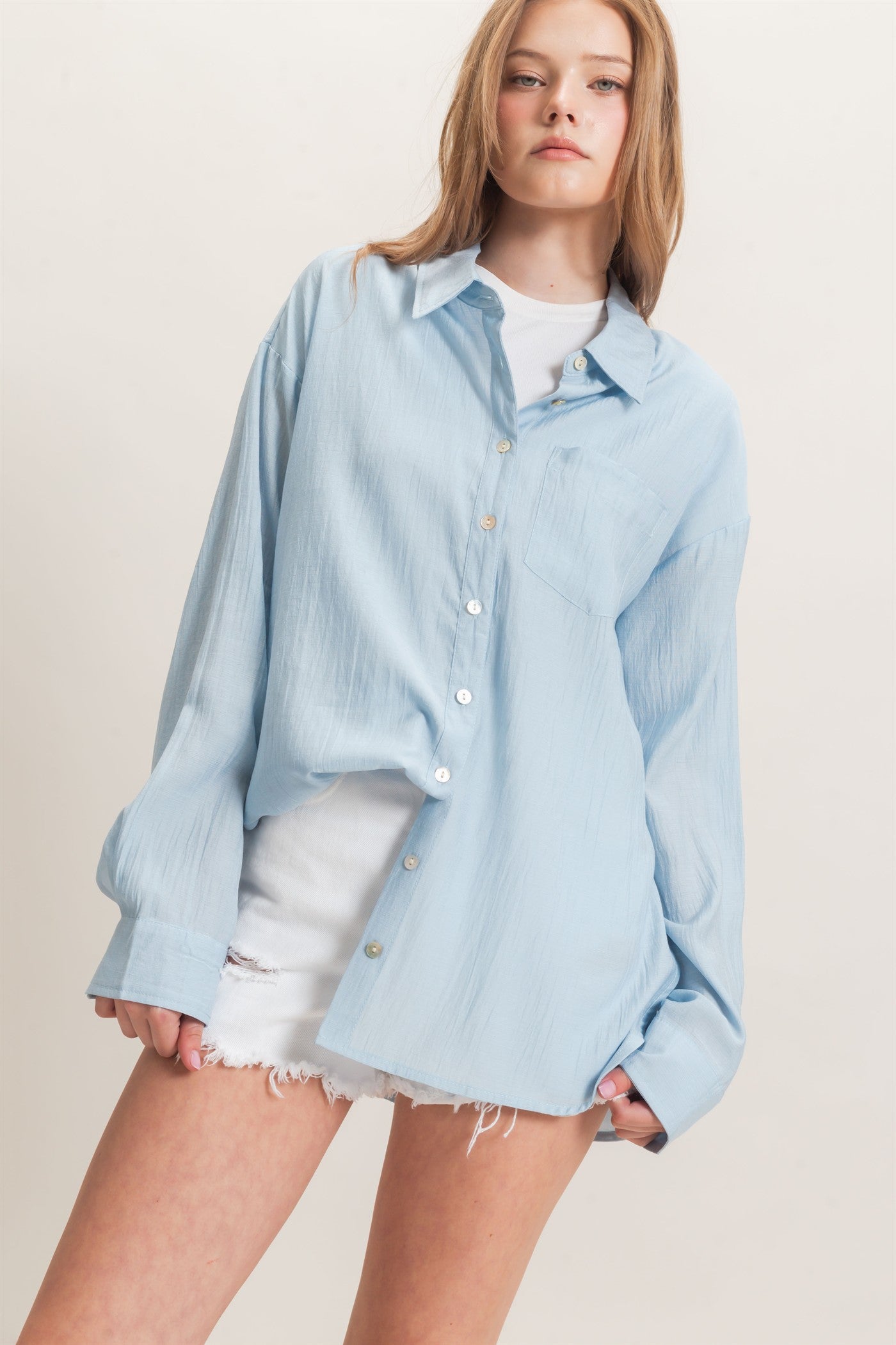 Wholesale Crinkled Button-Up Shirt Clothing Tops HF26E691 LIGHT BLUE HYFVE