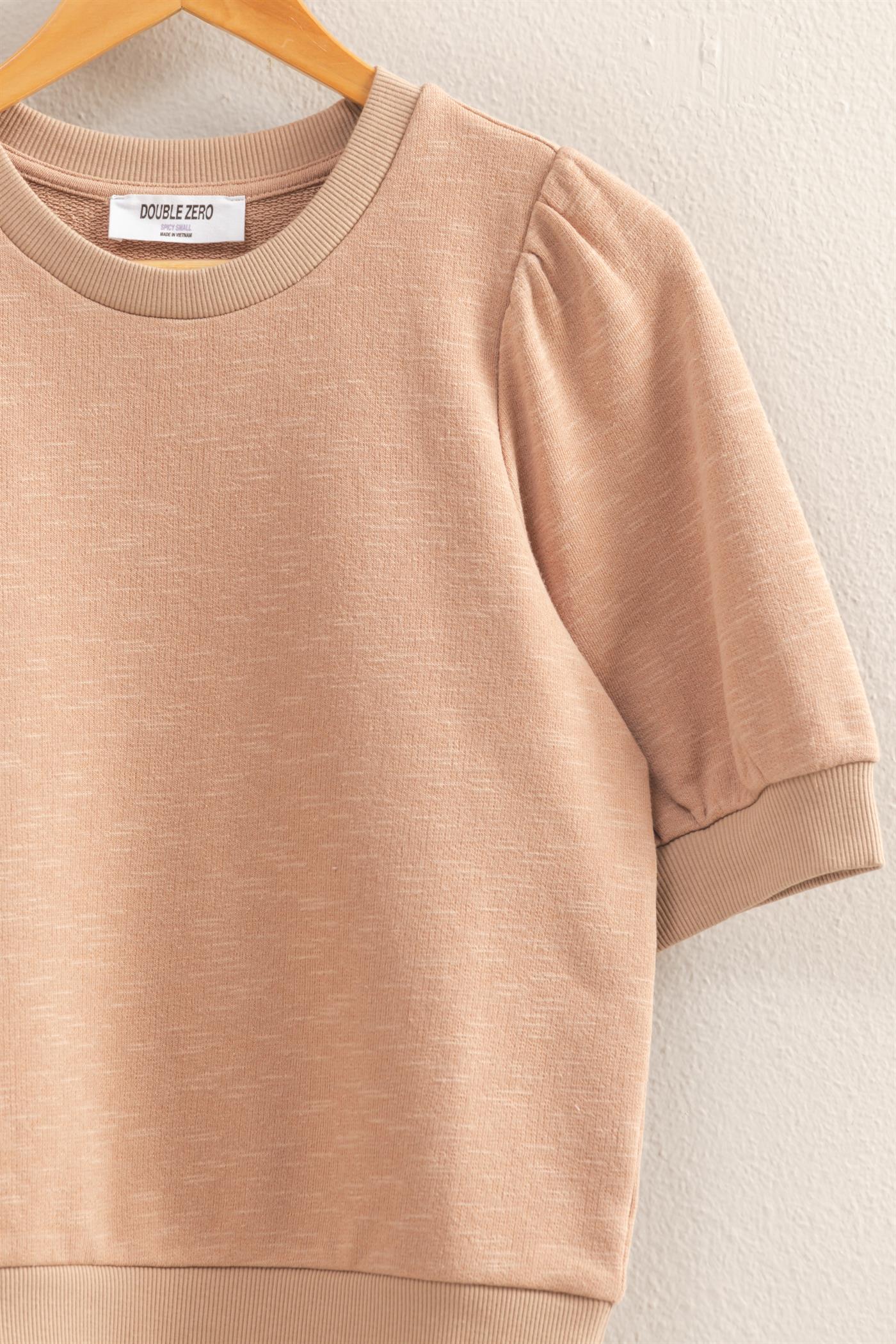 Wholesale Puff Short Sleeve Crew Neck Top Clothing Tops DZ26A927 DARK TAUPE DOUBLE ZERO