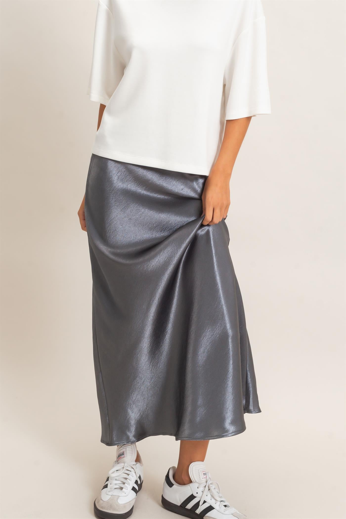 Wholesale Satin Midi Skirt Skirts DZ26C962 DARK GRAY DOUBLE ZERO