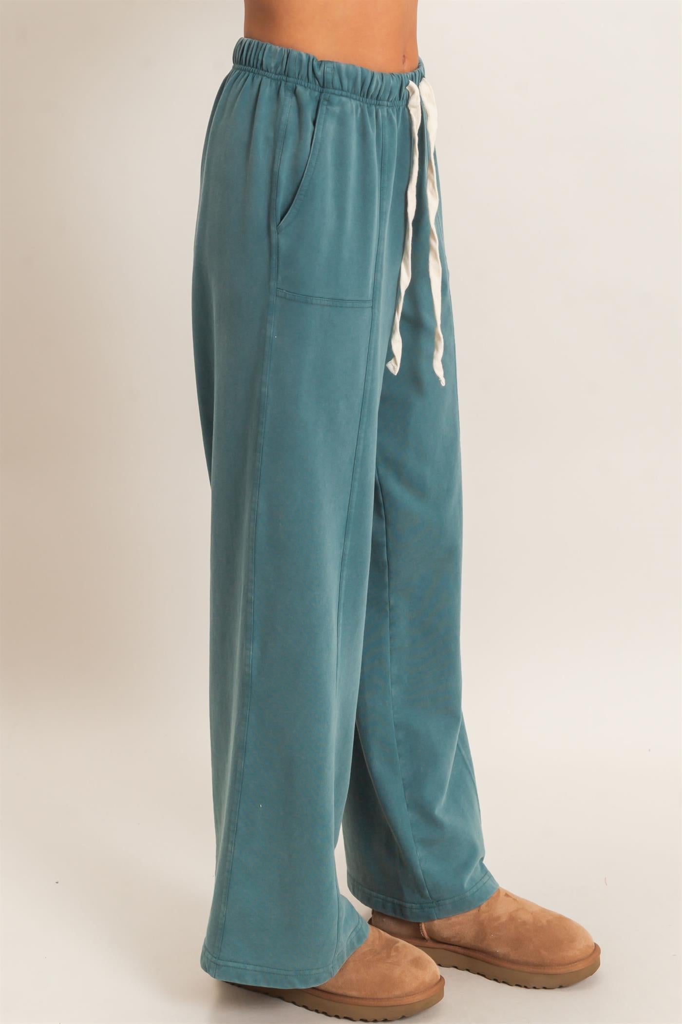 Wholesale Acid Wash Drawstring Waist Wide Leg Pants Pants DZ25A685 DARK TEAL DOUBLE ZERO