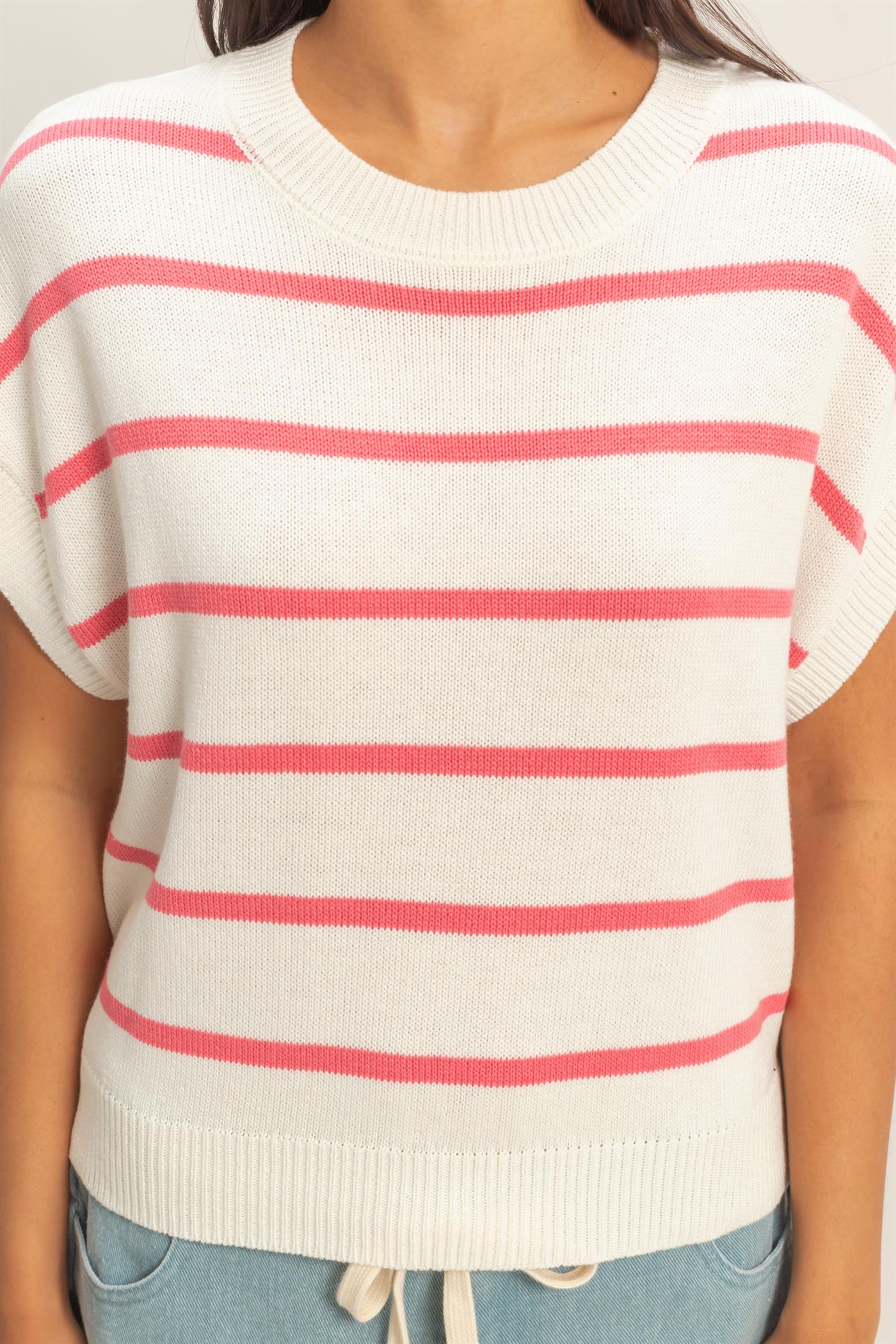 Wholesale Striped Crew Neck Knit Top Clothing Tops DZ26A740 TAFFY PINK DOUBLE ZERO
