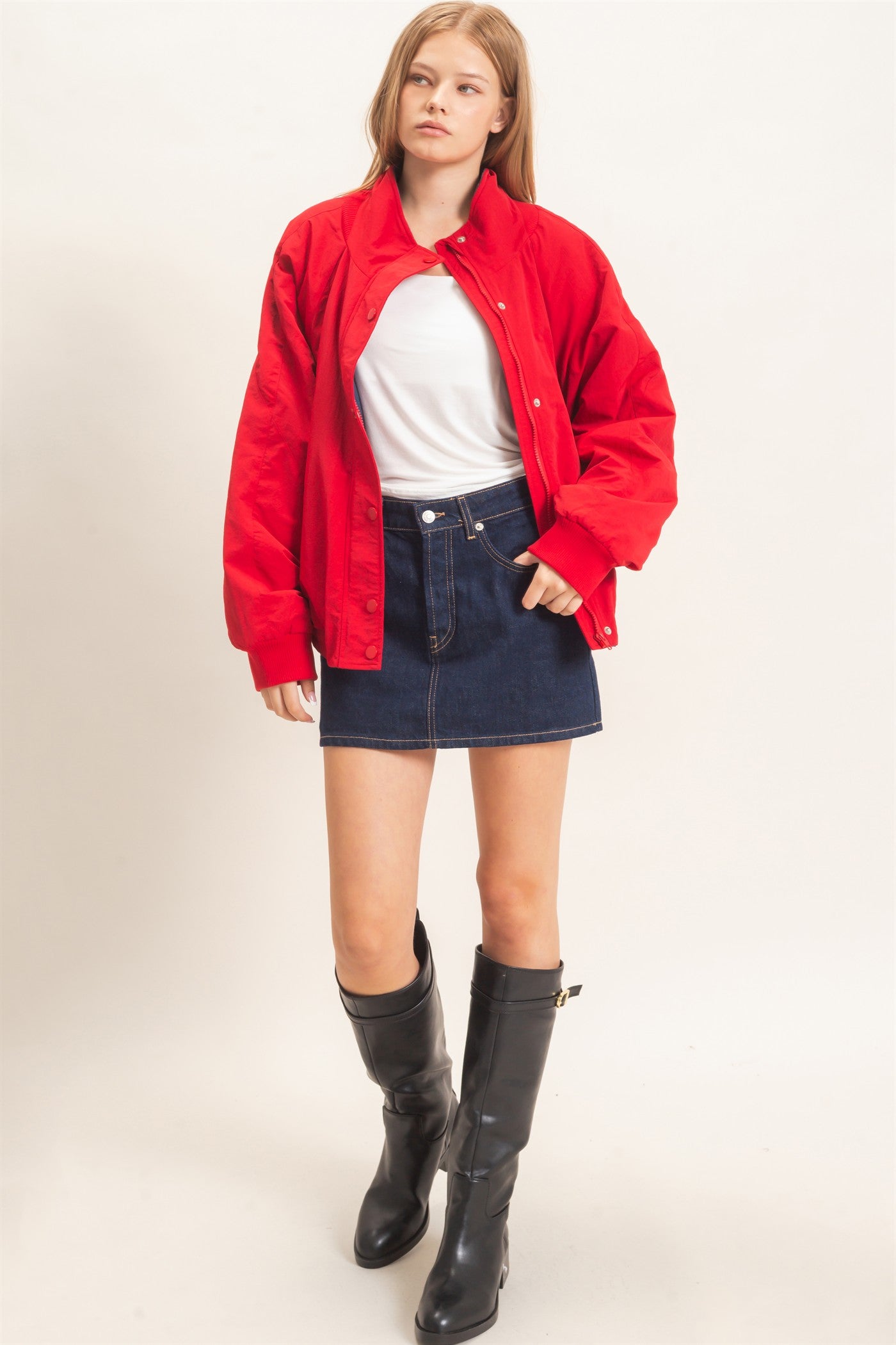 Wholesale Fleece-Lined Mock Neck Snap Jacket Coats & Jackets HF26C918 RED HYFVE