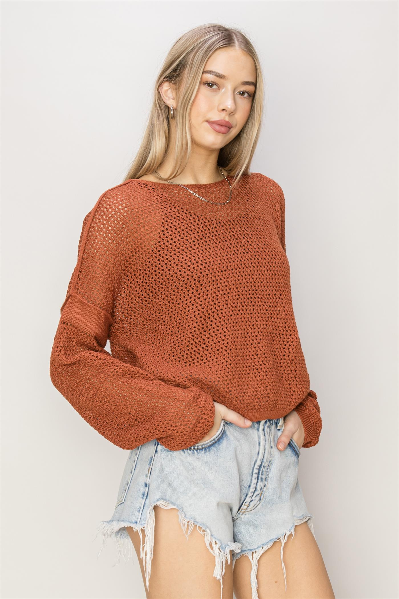 Wholesale Open Knit Drop Shoulder Sweater Clothing Tops DZ24C033 BAKED CLAY DOUBLE ZERO