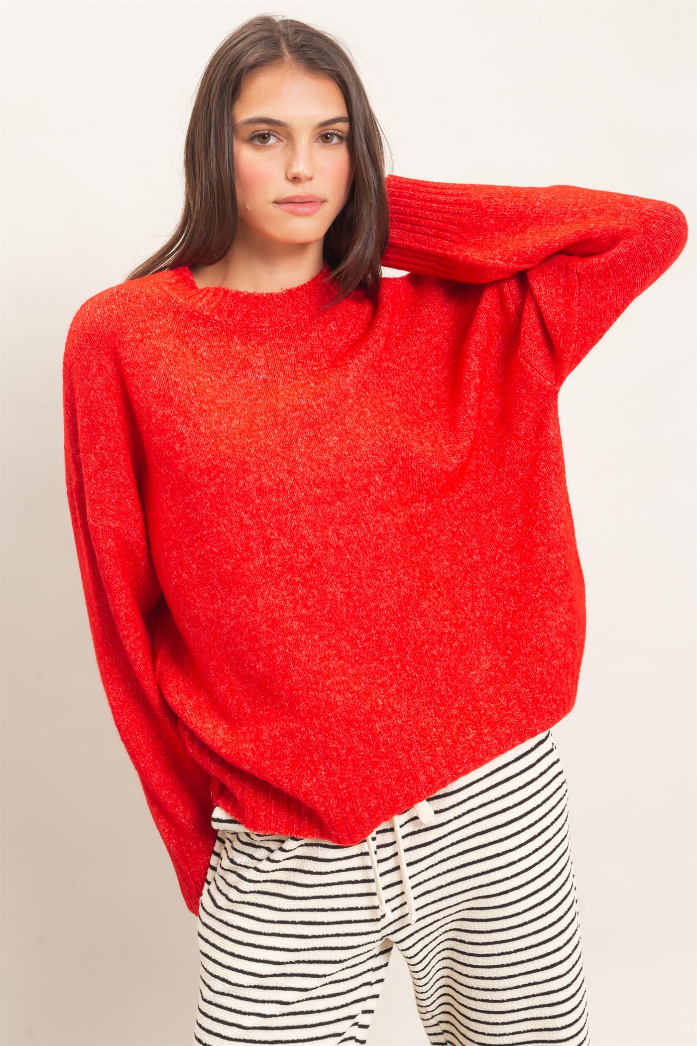 Wholesale Ribbed Crew Neck Sweater Sweaters HF26F179-D RED HYFVE