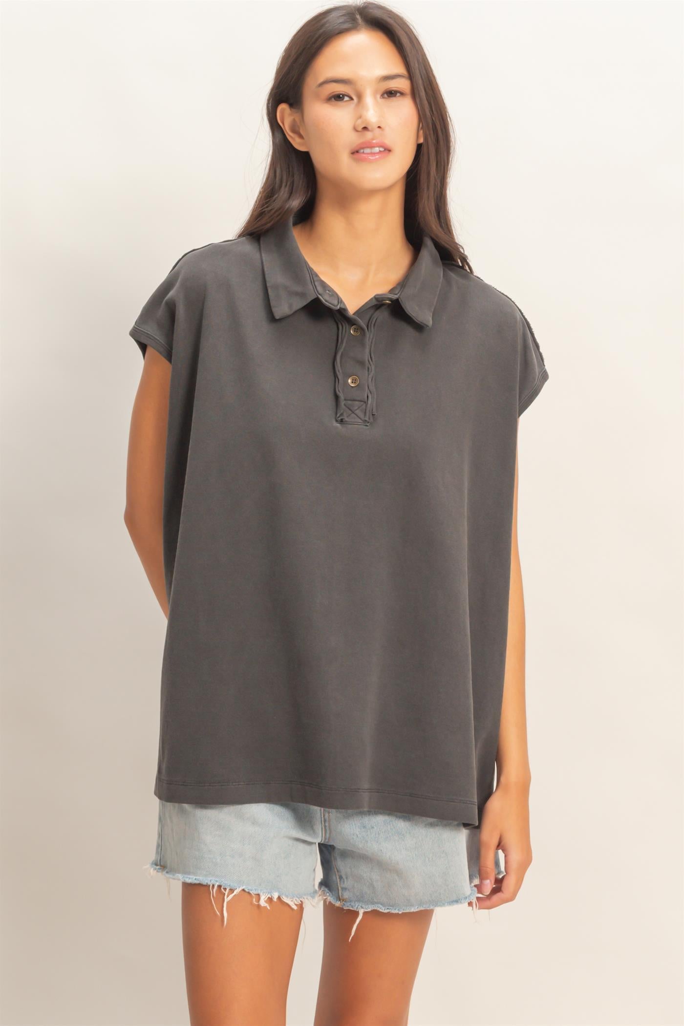 Wholesale Pigment Dye Sleeveless Polo Oversized Top Clothing Tops DZ26C618 BLACK DOUBLE ZERO
