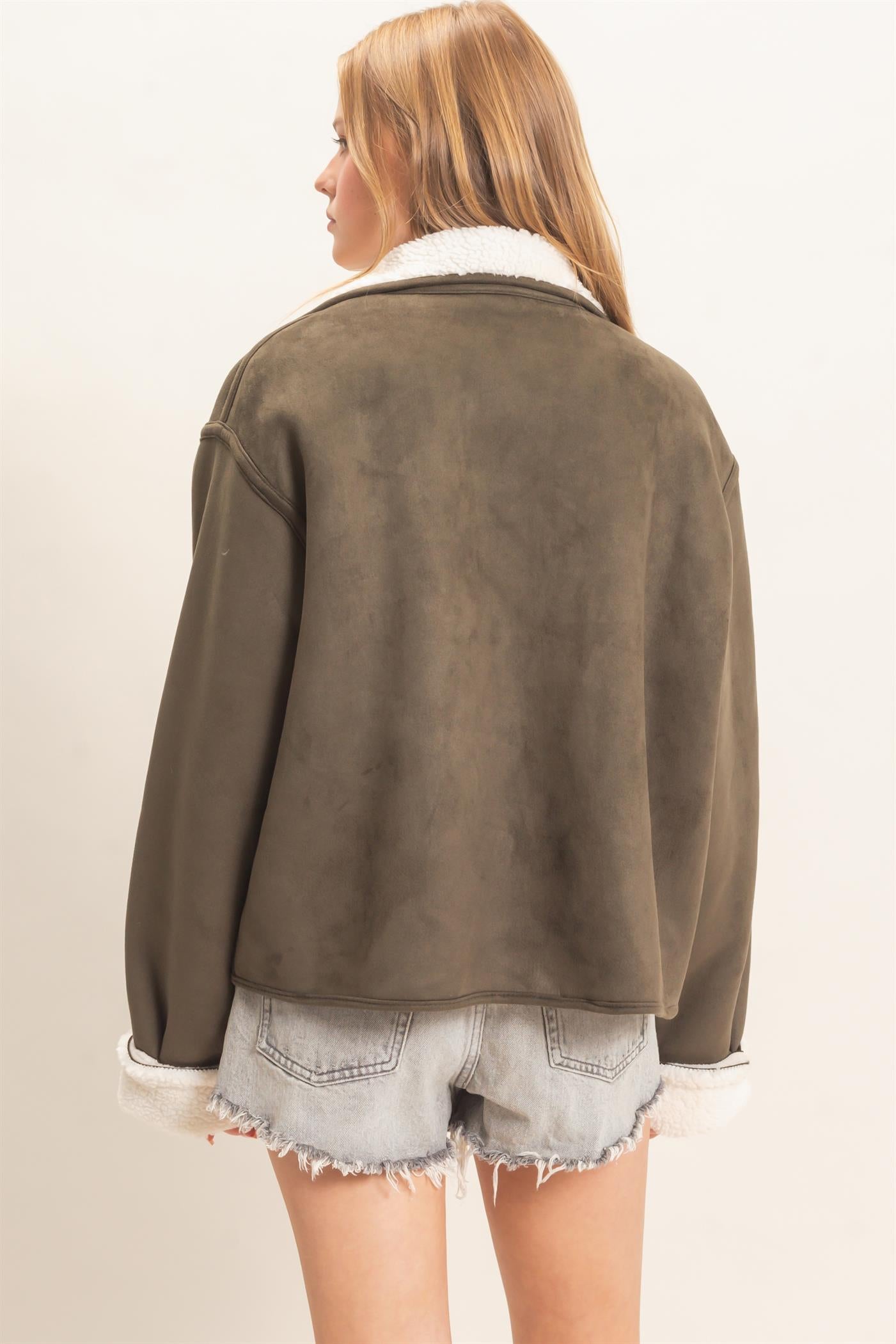 Wholesale Reversible Faux Suede & Sherpa Jacket Coats & Jackets HF26E718 OLIVE HYFVE