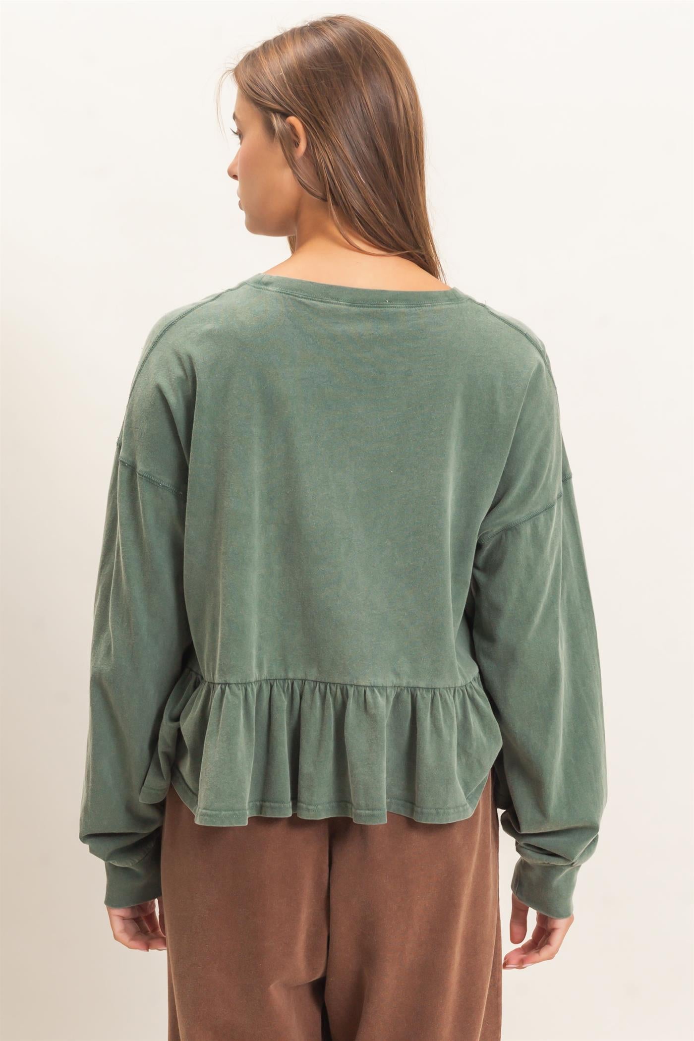 Wholesale Peplum Long Sleeve Top Clothing Tops DZ26F397 DARK GREEN DOUBLE ZERO