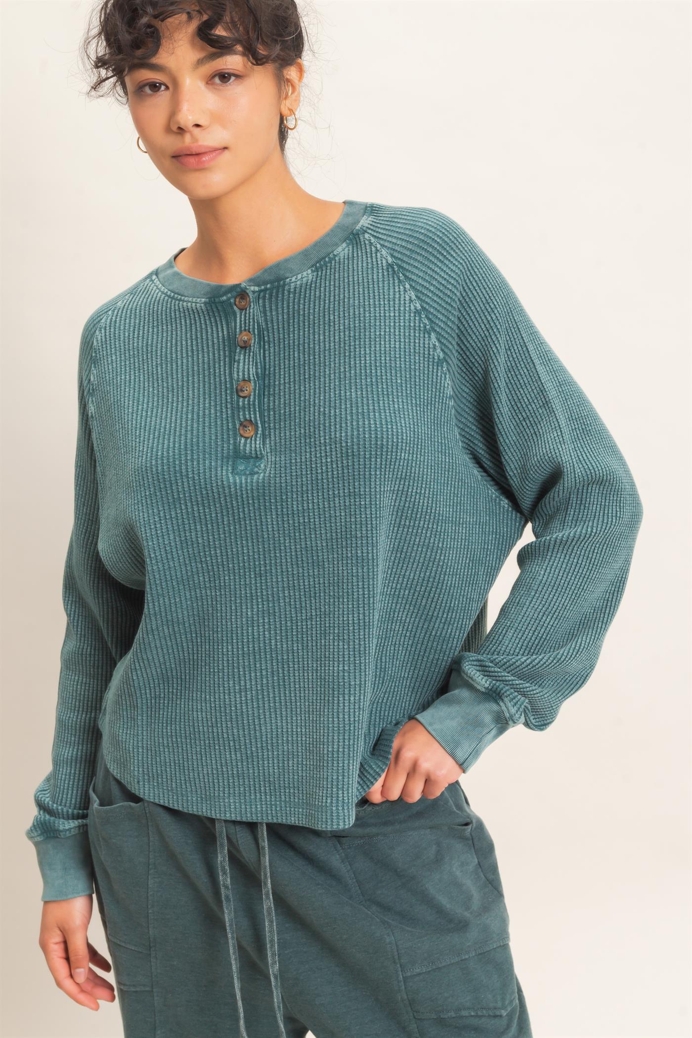 Wholesale Mineral Wash Waffle Knit Henley Top Sweatshirts DZ26E947 DARK TEAL DOUBLE ZERO