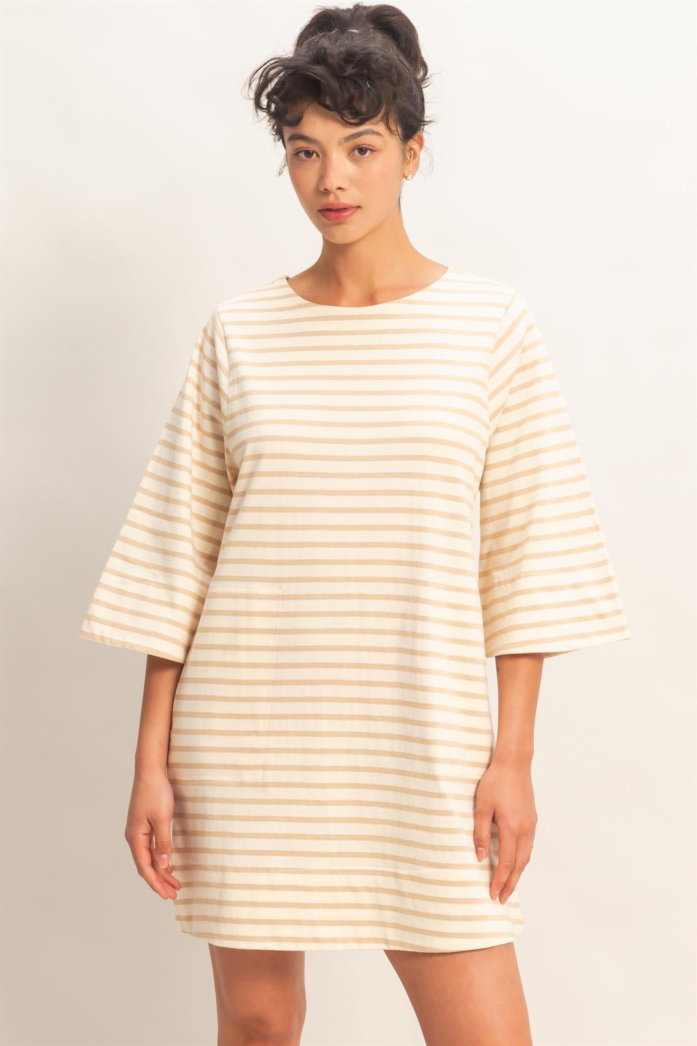 Wholesale Striped Round Neck Half-Sleeve Mini Dress Dresses DZ26A460 TAUPE DOUBLE ZERO