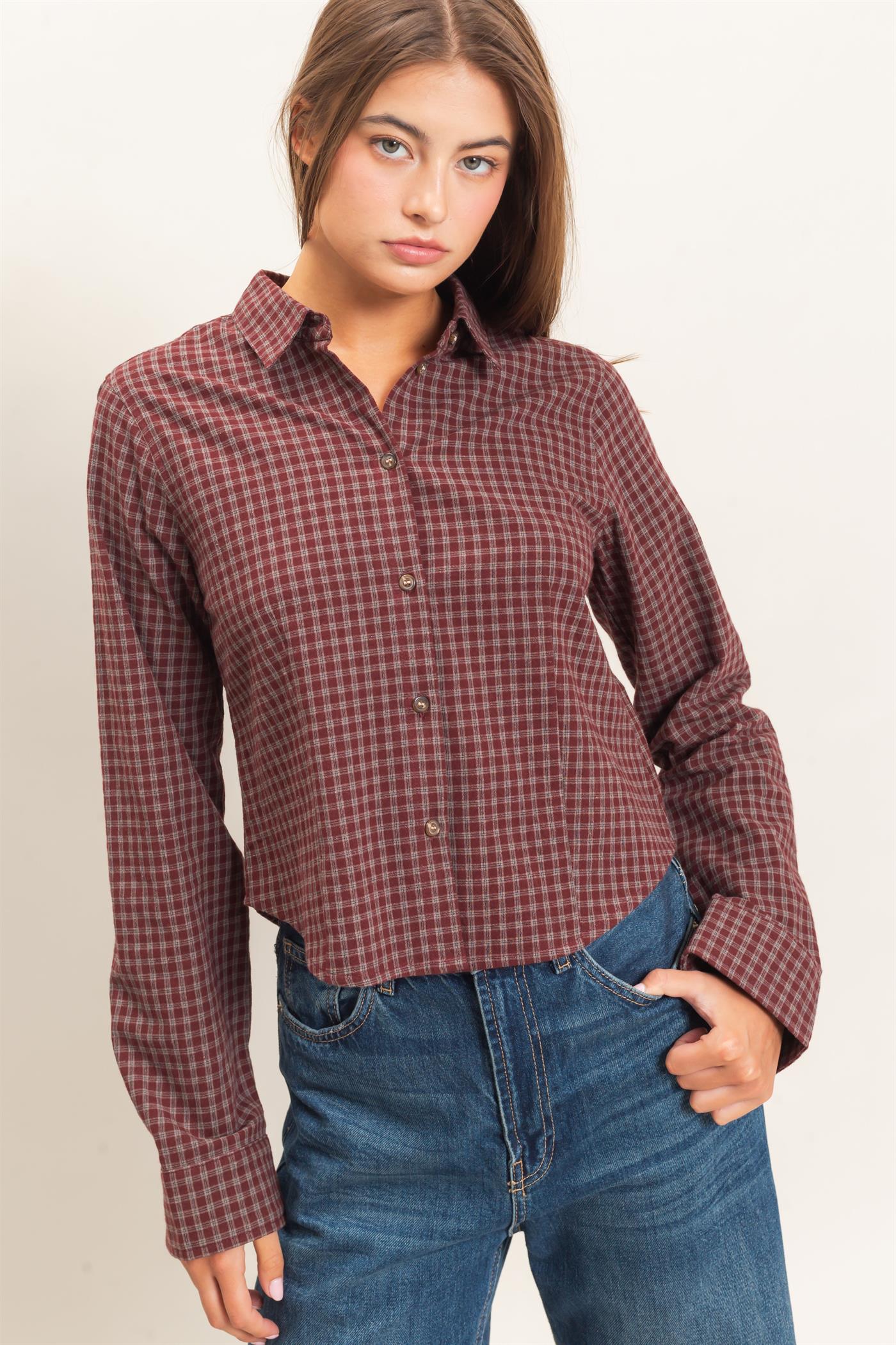 Wholesale Plaid Long Sleeve Shirt Shirts DZ26E910 BURGUNDY DOUBLE ZERO