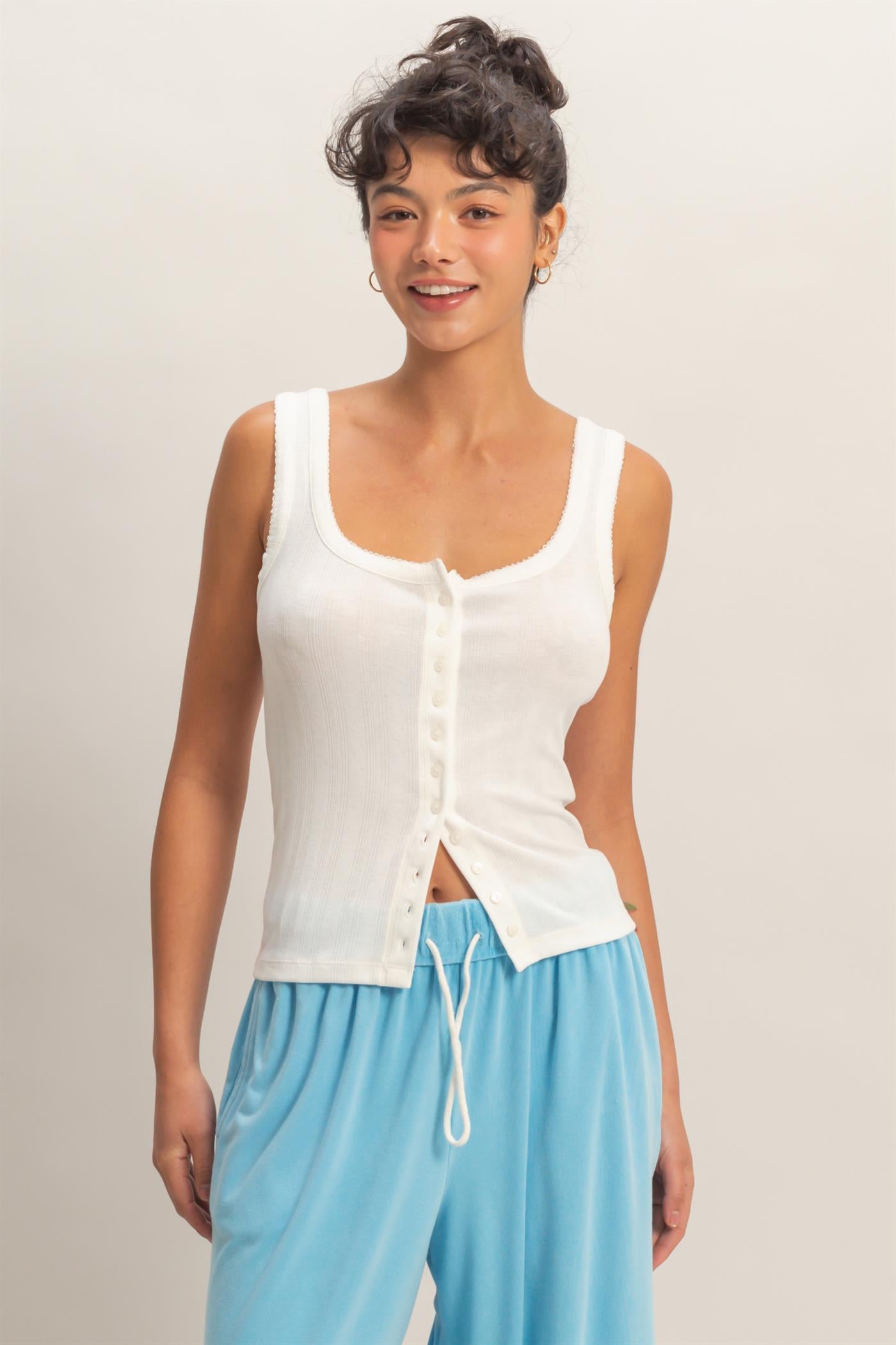 Wholesale Pointelle Button Front Scoop Neck Tank Top Tank Tops DZ26A775 WHITE DOUBLE ZERO
