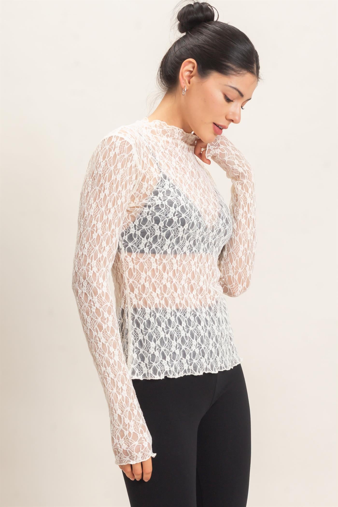 Wholesale Lace Mock Neck Long Sleeve Top Clothing Tops HF26E033-D CREAM HYFVE