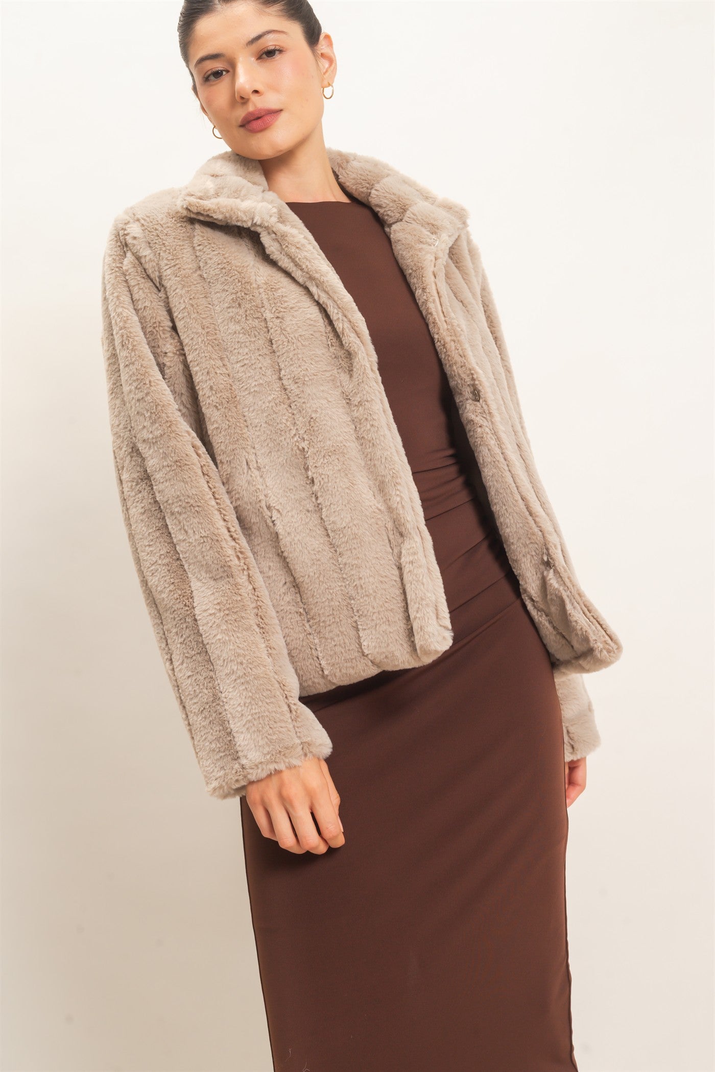 Wholesale Faux Fur Jacket Coats & Jackets HF26F203 TAUPE HYFVE