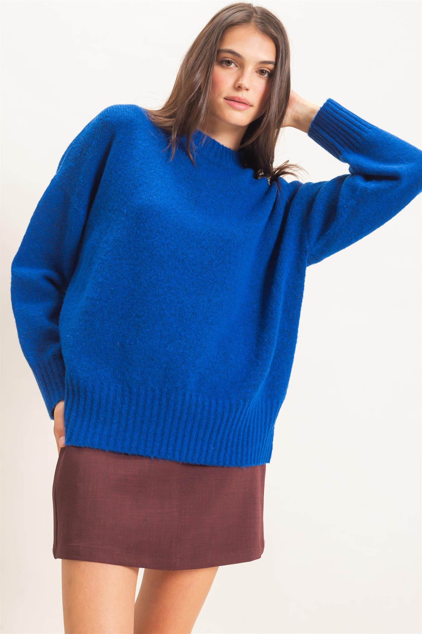 Wholesale Ribbed Crew Neck Sweater Sweaters HF26F179-D ROYAL BLUE HYFVE