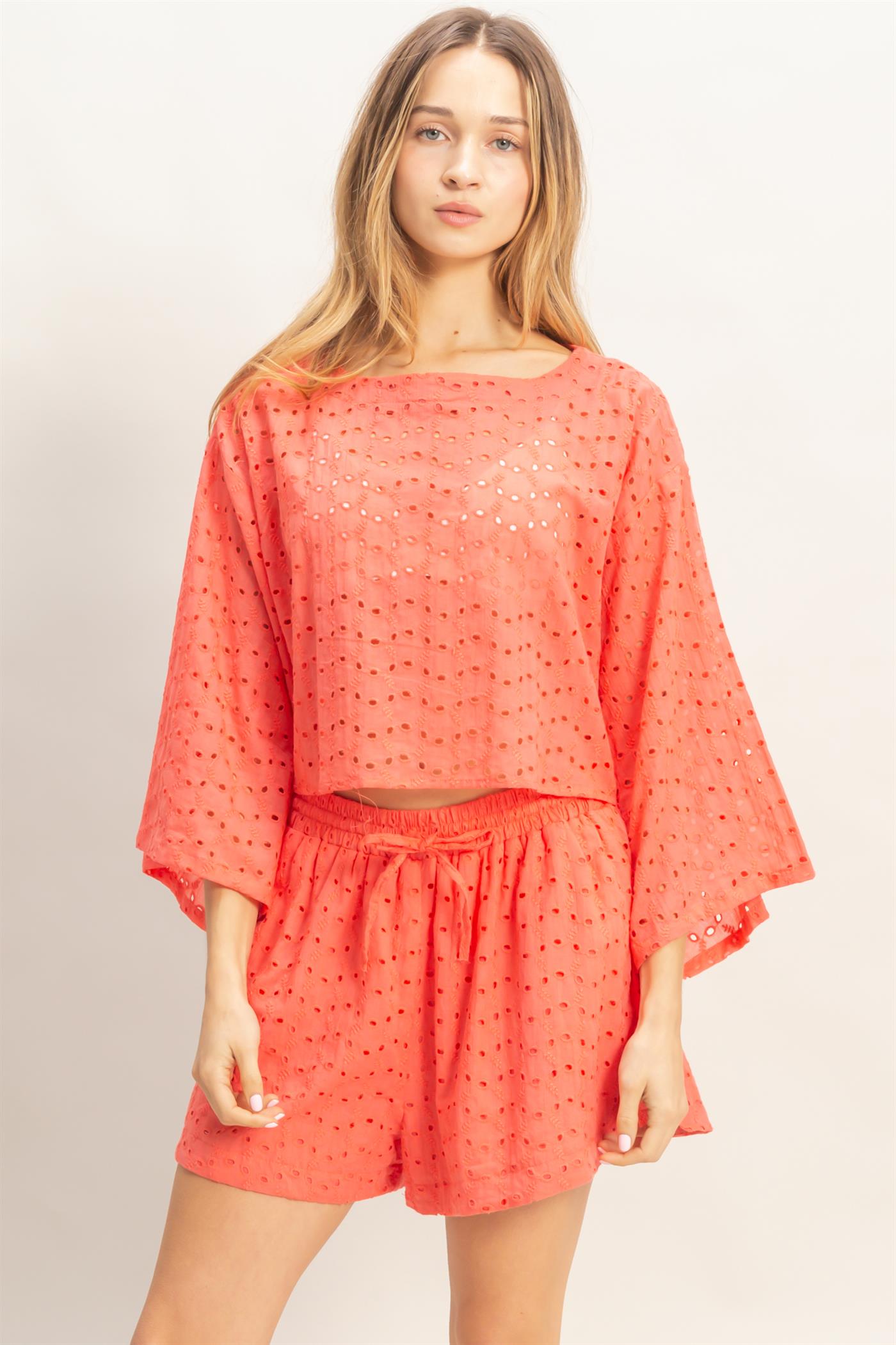 Wholesale Eyelet Long Sleeve Top & Shorts Set Clothing HF26A066-SET ORANGE RED HYFVE