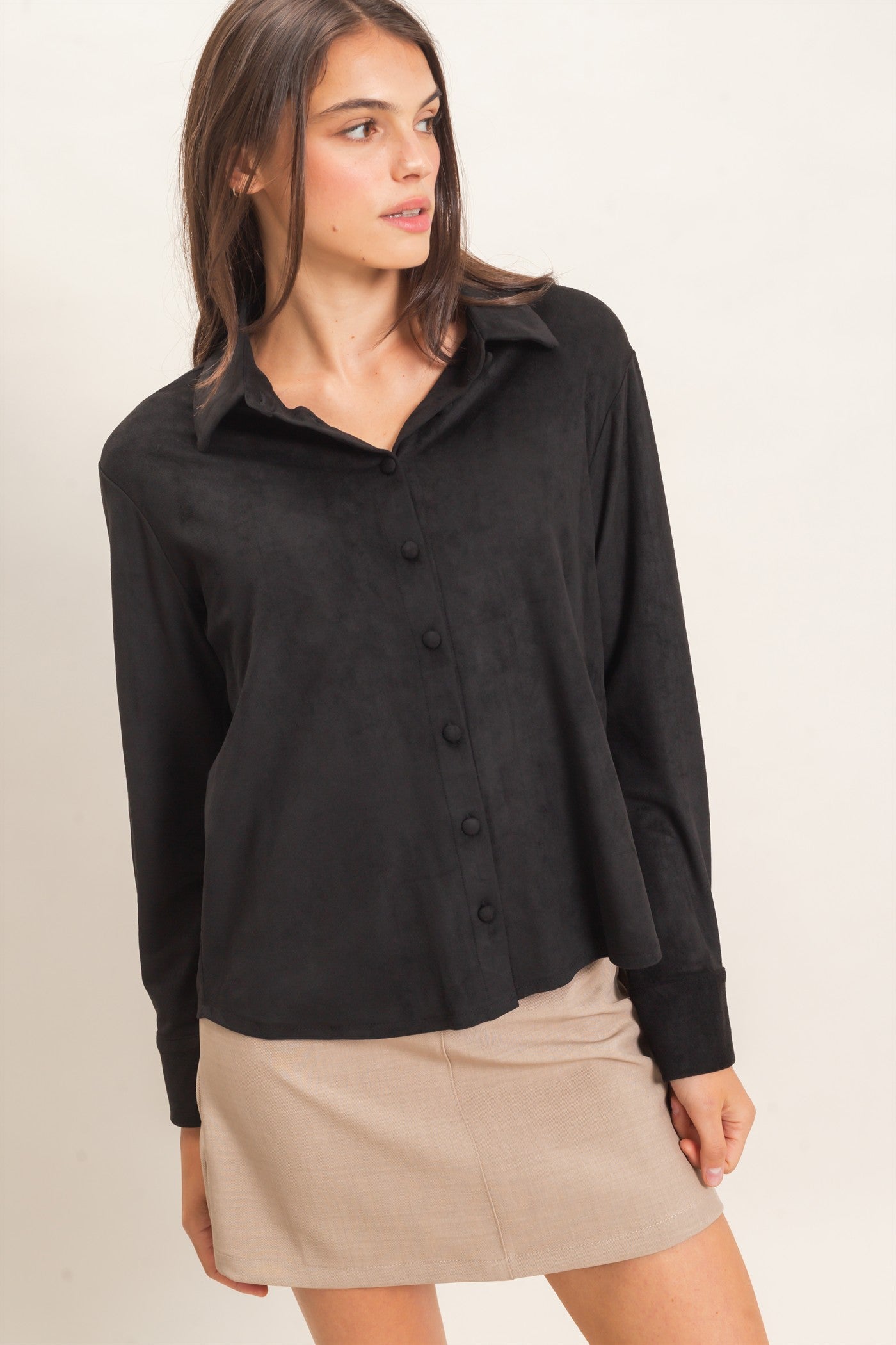Wholesale Suede Button-Up Shirt Shirts HF26F083 BLACK HYFVE