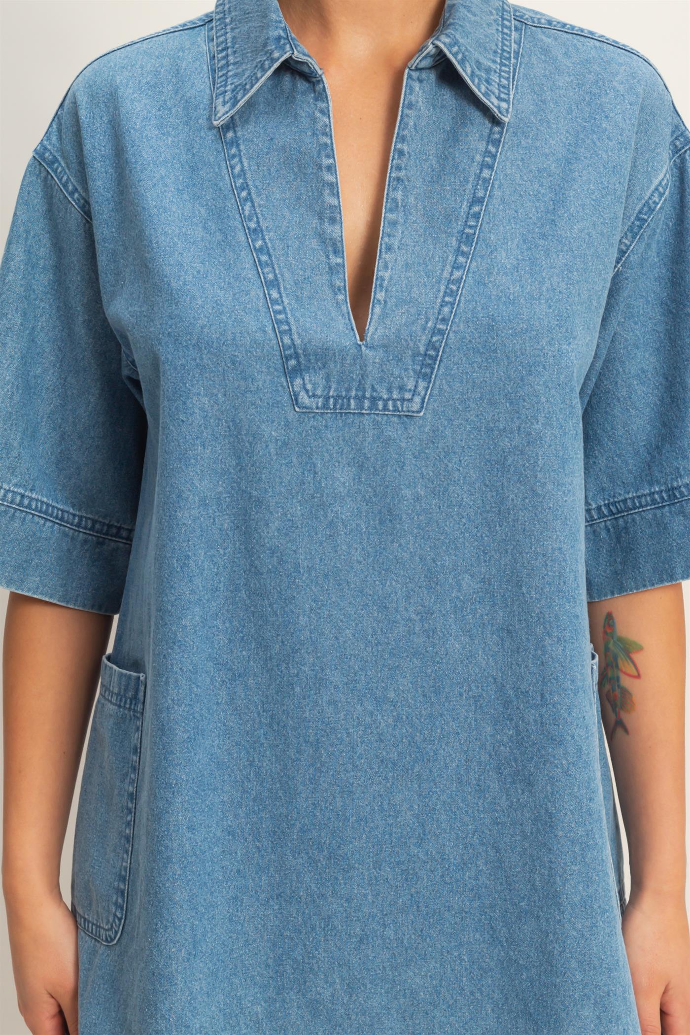 Wholesale Denim Collar Tunic Dress Dresses DZ25F163 MEDIUM BLUE DOUBLE ZERO