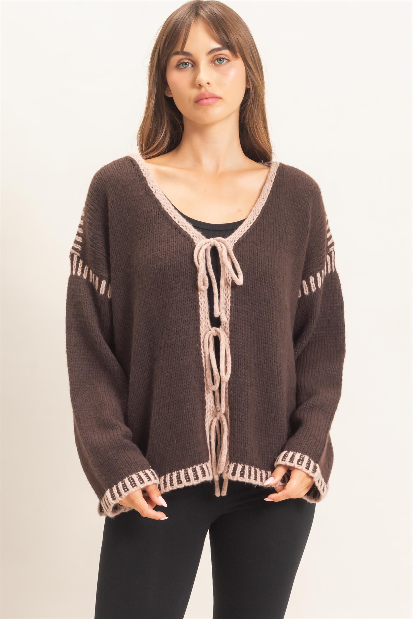 Wholesale Open Front Tie Cardigan Cardigans HF26F154 BROWN HYFVE