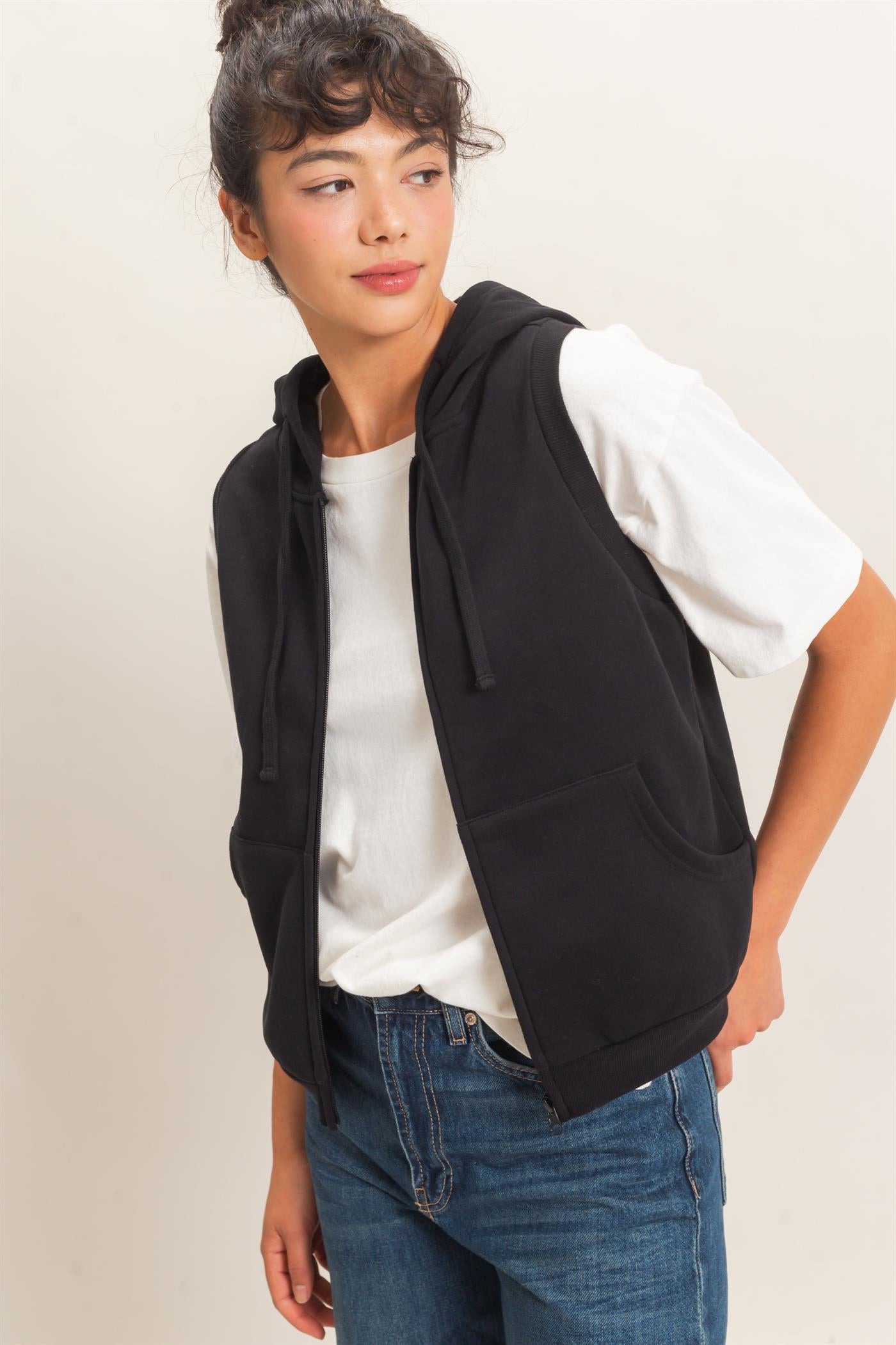 Wholesale Sleeveless Zip Up Hoodie Hoodies DZ26E330 BLACK DOUBLE ZERO