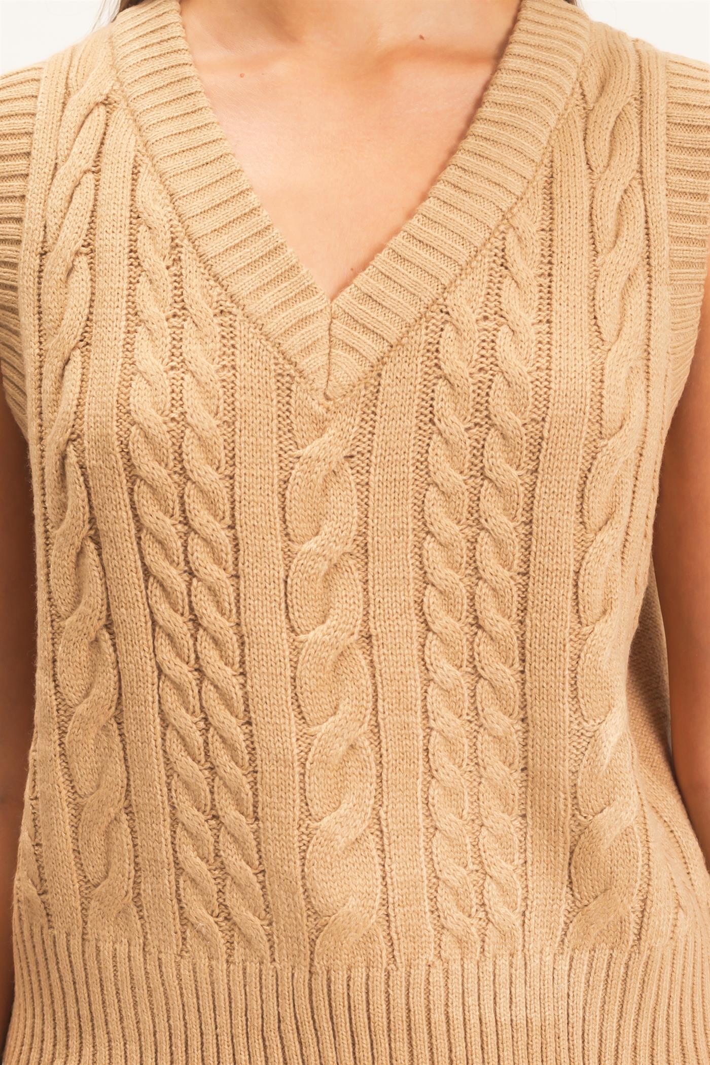 Wholesale Cable Knit V-Neck Sweater Vest Sweaters DZ26E548 TAUPE DOUBLE ZERO