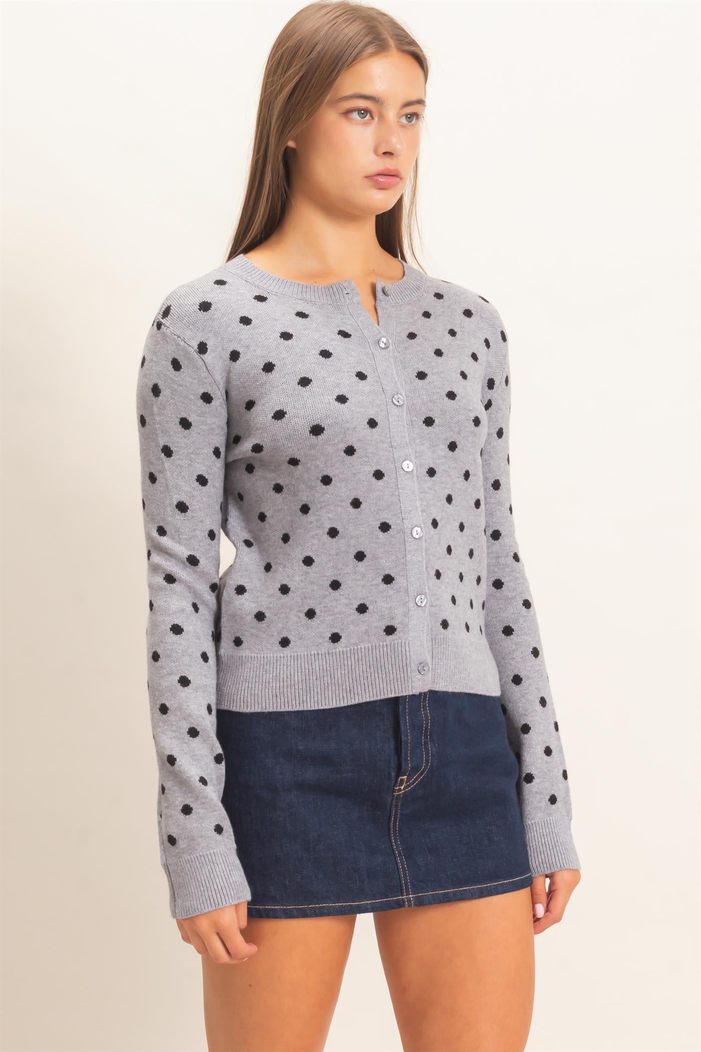 Wholesale Polka Dot Cardigan Sweaters DZ26E453 HEATHER GRAY DOUBLE ZERO