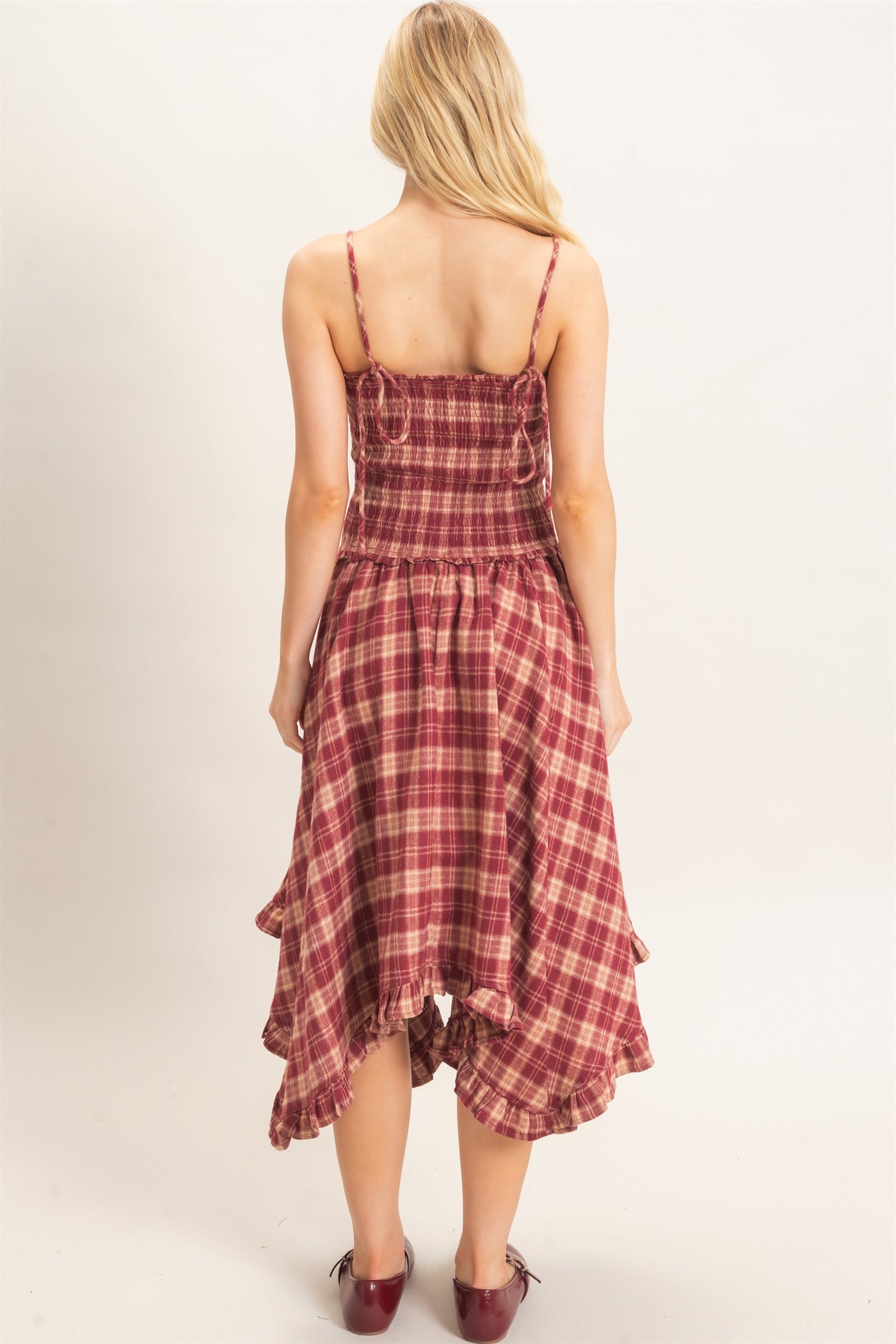 Wholesale Plaid Smocked Spaghetti Strap Dress Dresses HF26F211 BURGUNDY HYFVE