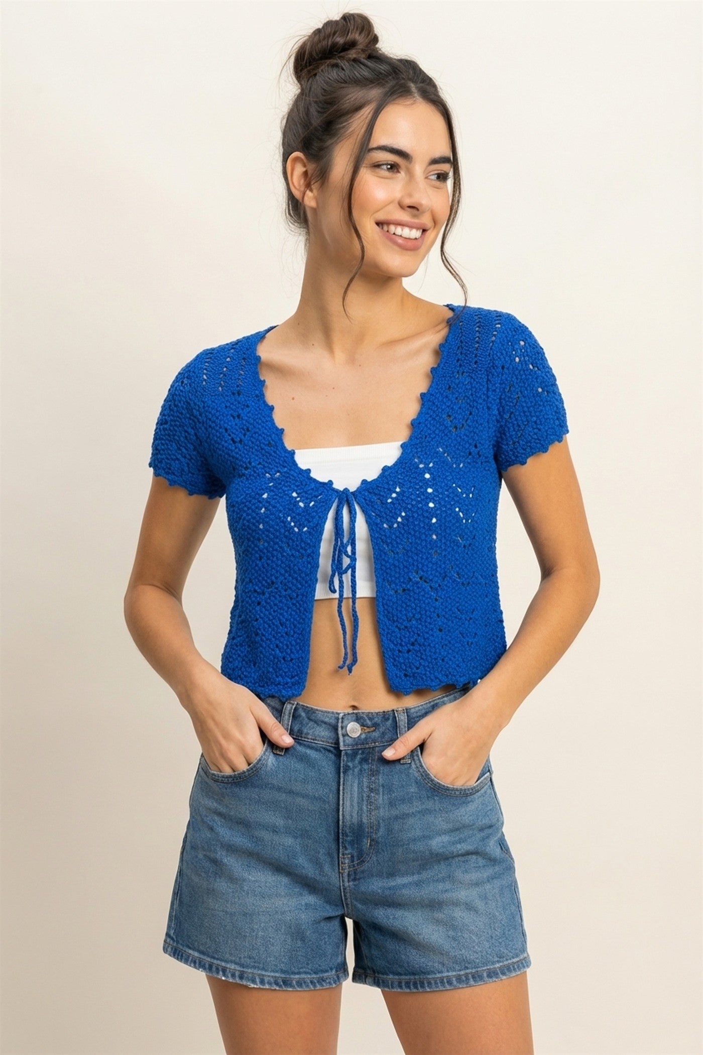 Wholesale Pointelle Tie Front Knit Cardigan Clothing Tops DZ24C268 COBALT DOUBLE ZERO