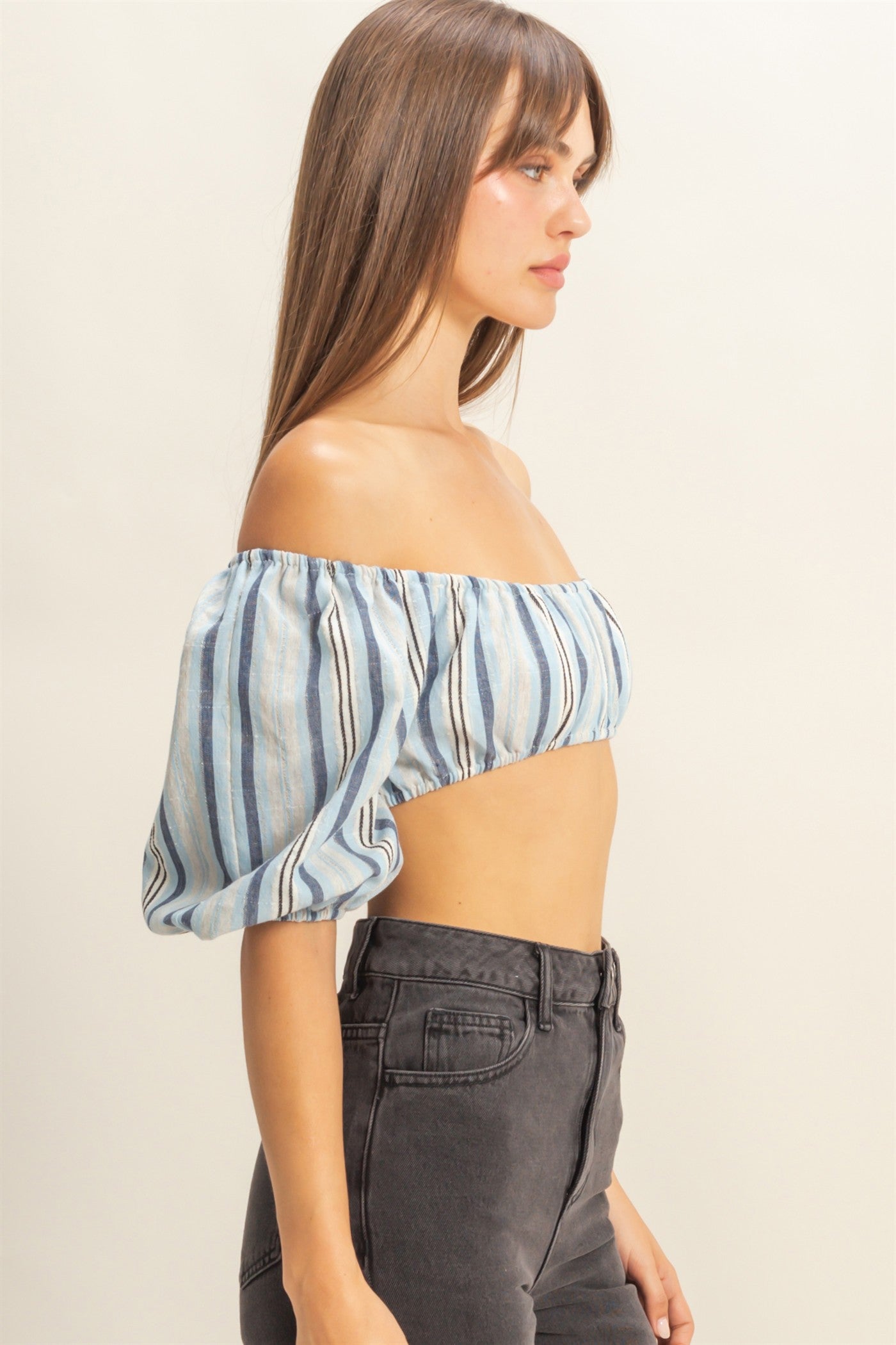 Wholesale Striped Off-Shoulder Crop Top Clothing Tops HF22C614 BLUE HYFVE