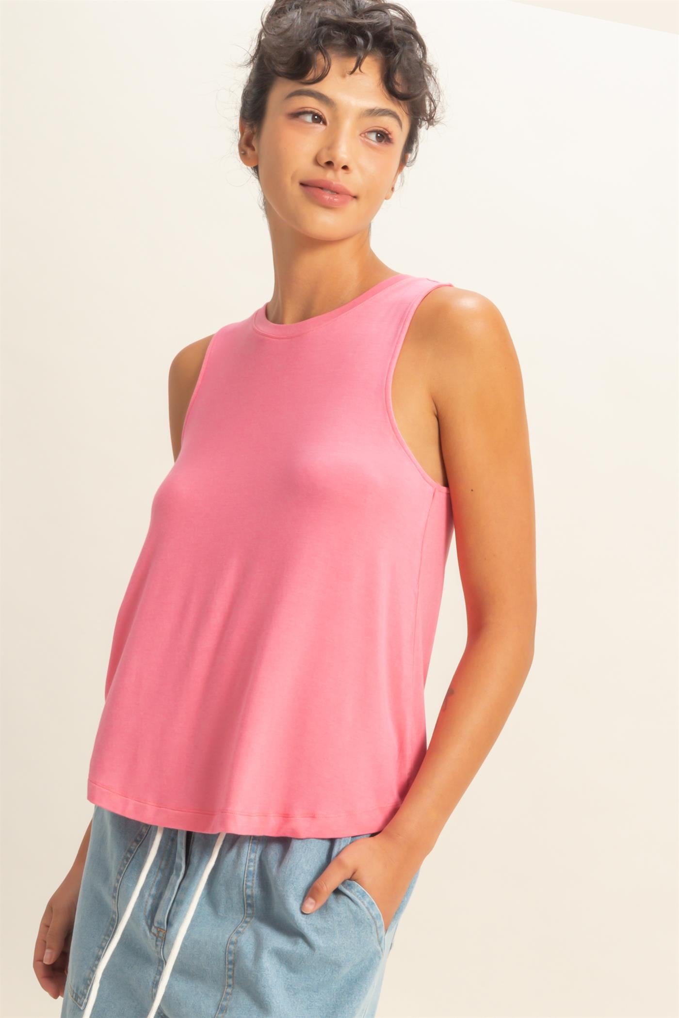 Wholesale Crew Neck Rayon Tank Top Tank Tops DZ26A332 TAFFY PINK DOUBLE ZERO
