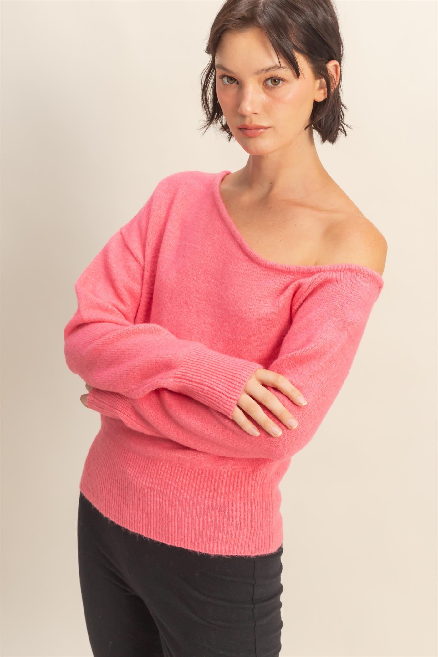 Wholesale Asymmetric Off-Shoulder Sweater Sweaters DZ25F121 TAFFY PINK DOUBLE ZERO